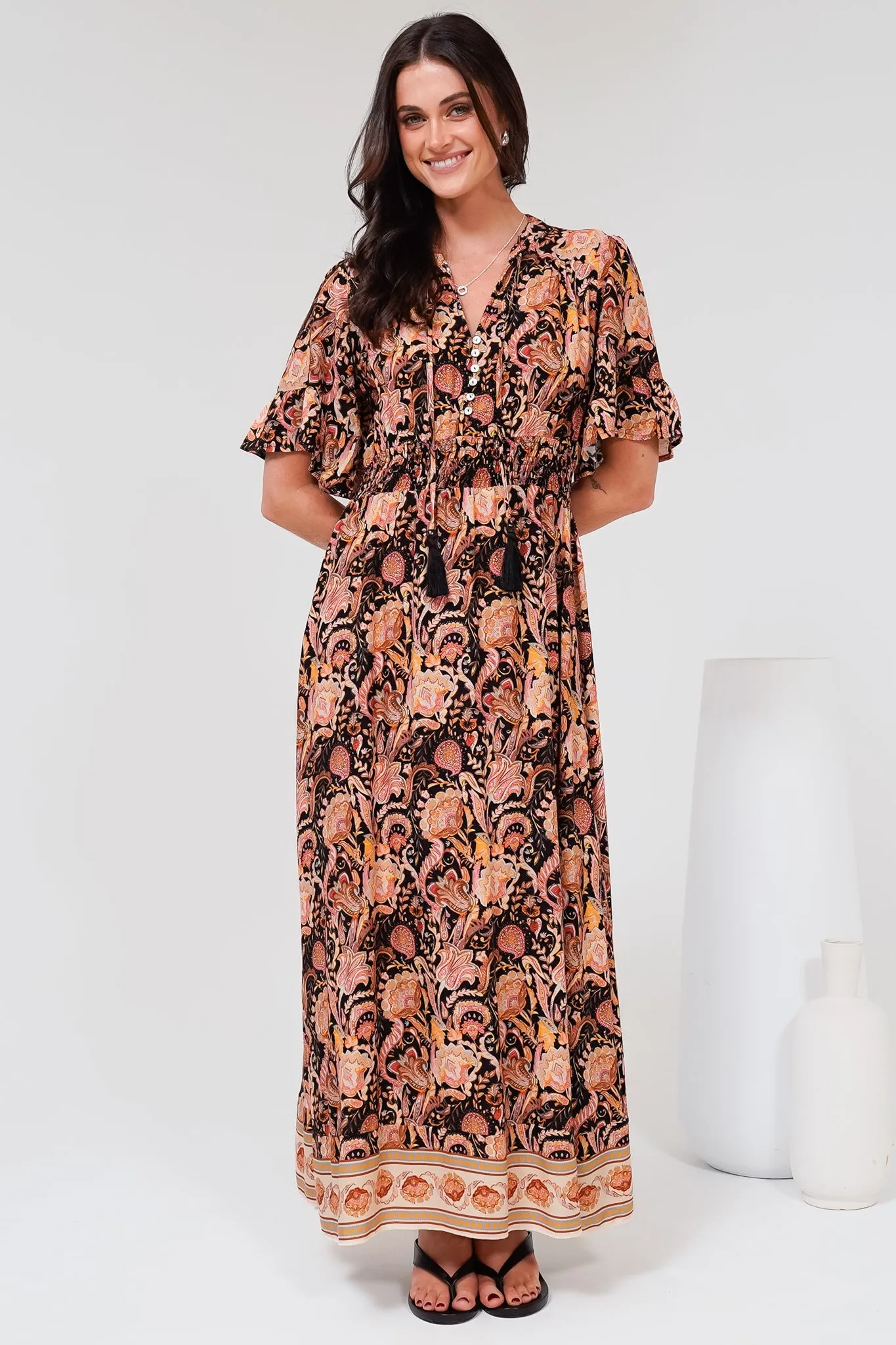 Jemina Maxi Dress - V-Neck Elasticated Waist A-Line Dress in Pree Print Black sold by Salty Crush product image thumbnail 2
