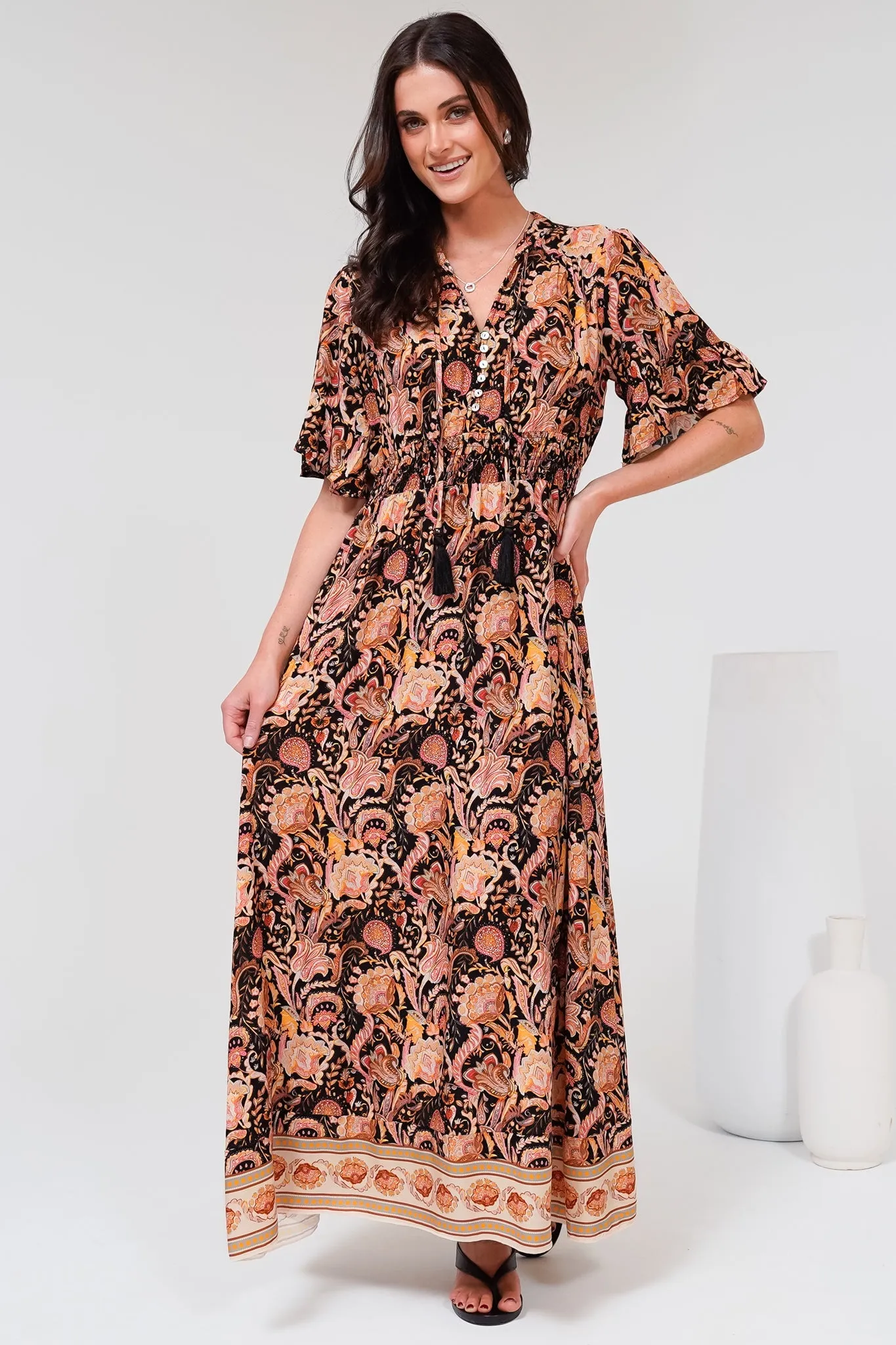 Jemina Maxi Dress - V-Neck Elasticated Waist A-Line Dress in Pree Print Black sold by Salty Crush