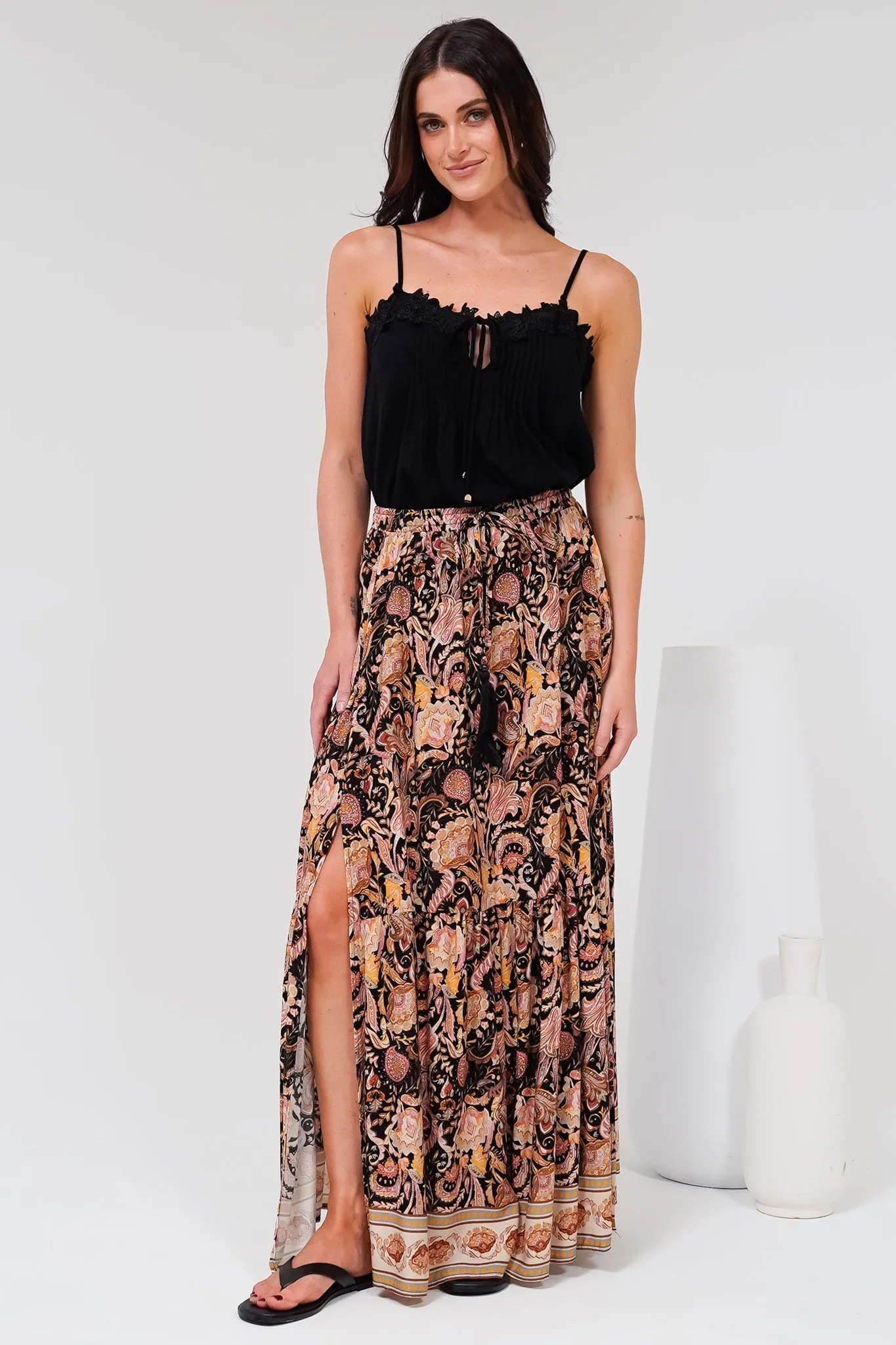 Hellen Maxi Skirt - High Waisted Skirt with Front Splits in Pree Print Black sold by Salty Crush product image thumbnail 4