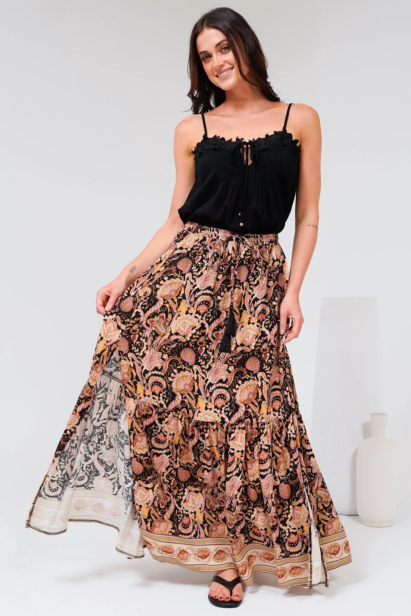 Hellen Maxi Skirt - High Waisted Skirt with Front Splits in Pree Print Black sold by Salty Crush product image thumbnail 2