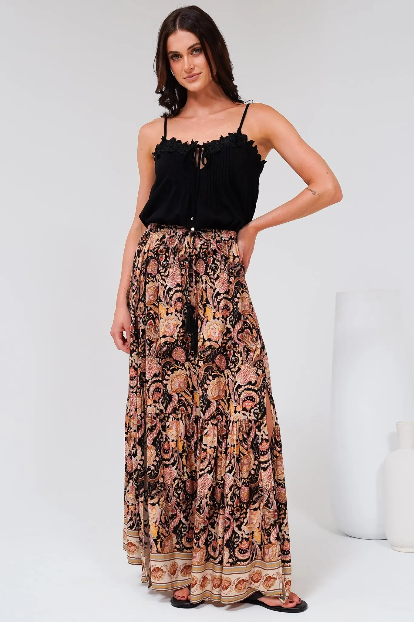 Hellen Maxi Skirt - High Waisted Skirt with Front Splits in Pree Print Black sold by Salty Crush