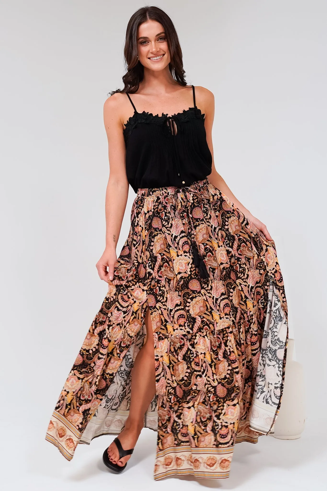 Hellen Maxi Skirt - High Waisted Skirt with Front Splits in Pree Print Black sold by Salty Crush product image thumbnail 5