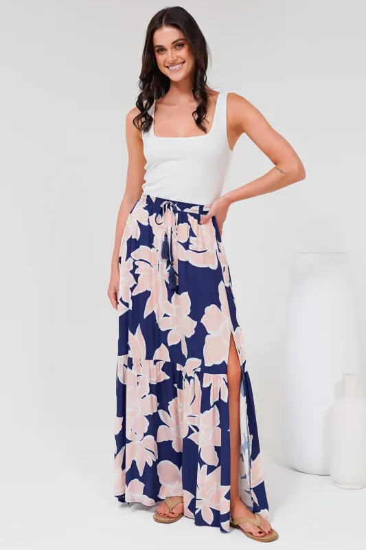 Hellen Maxi Skirt - High Waisted Skirt with Front Splits in Jetson Print Navy sold by Salty Crush
