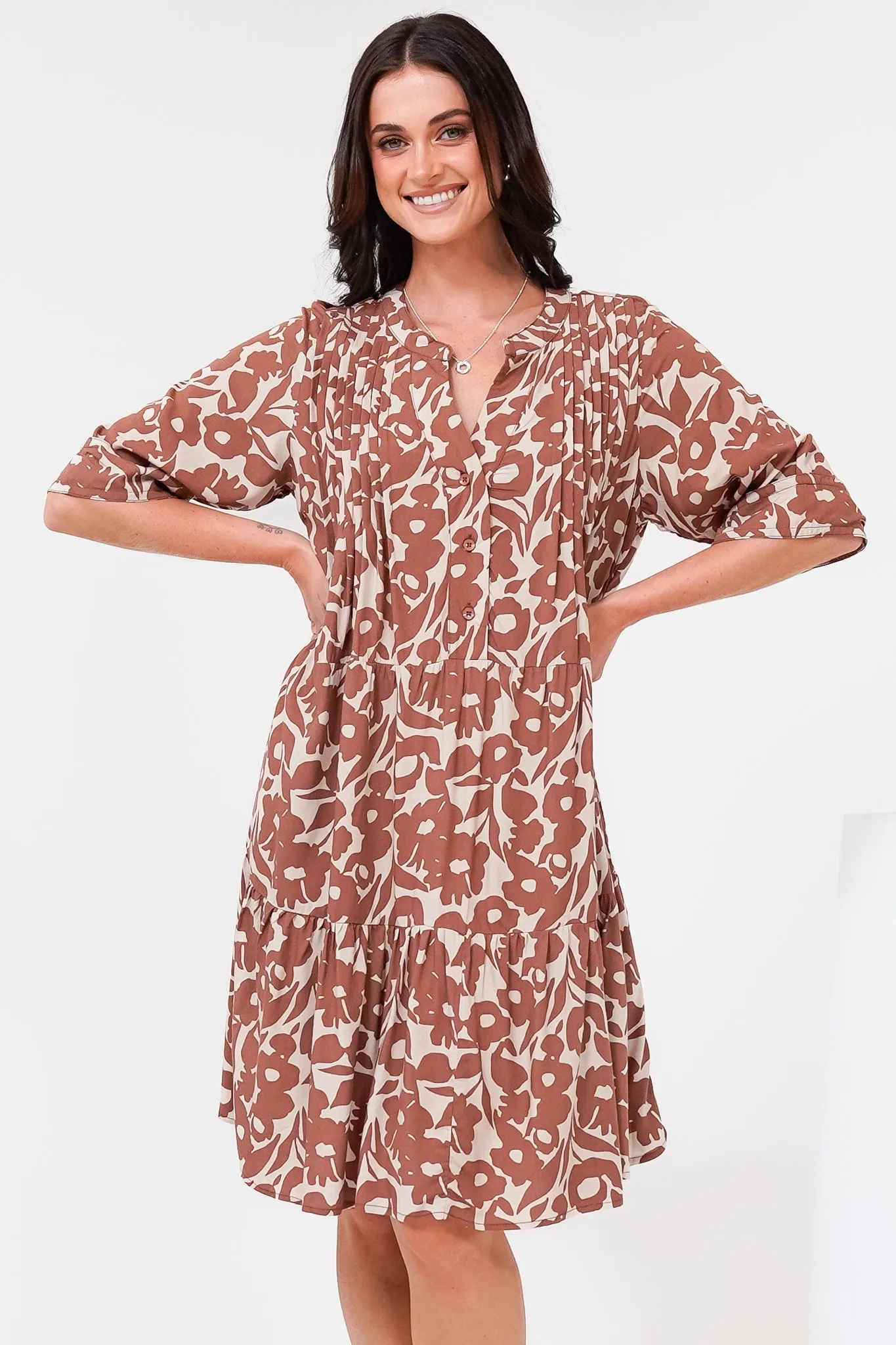Evie Mini Dress - 3/4 Sleeve Tiered Smock Dress in Emma-Jade Print Brown sold by Salty Crush product image thumbnail 3