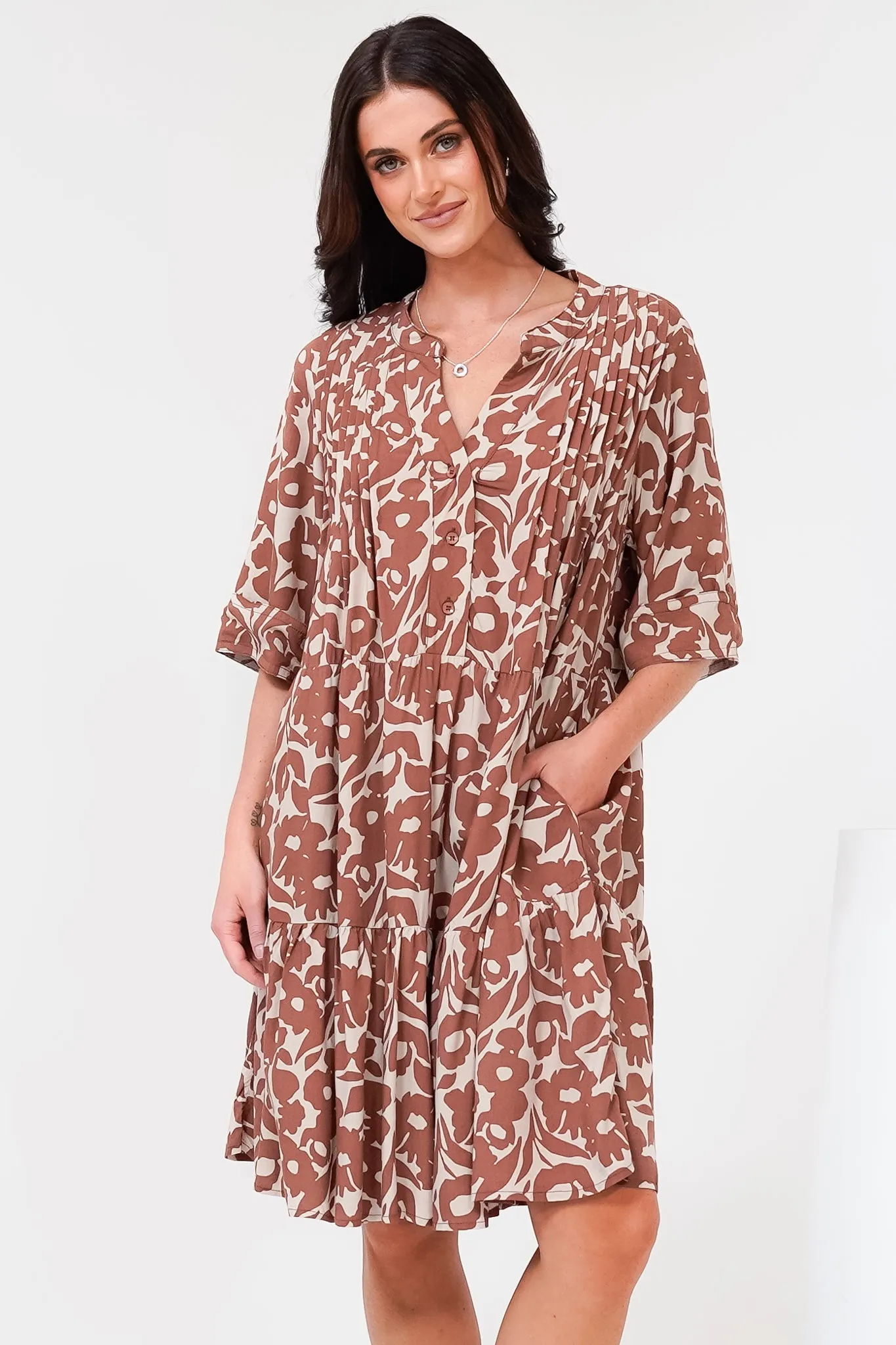 Evie Mini Dress - 3/4 Sleeve Tiered Smock Dress in Emma-Jade Print Brown sold by Salty Crush product image thumbnail 2