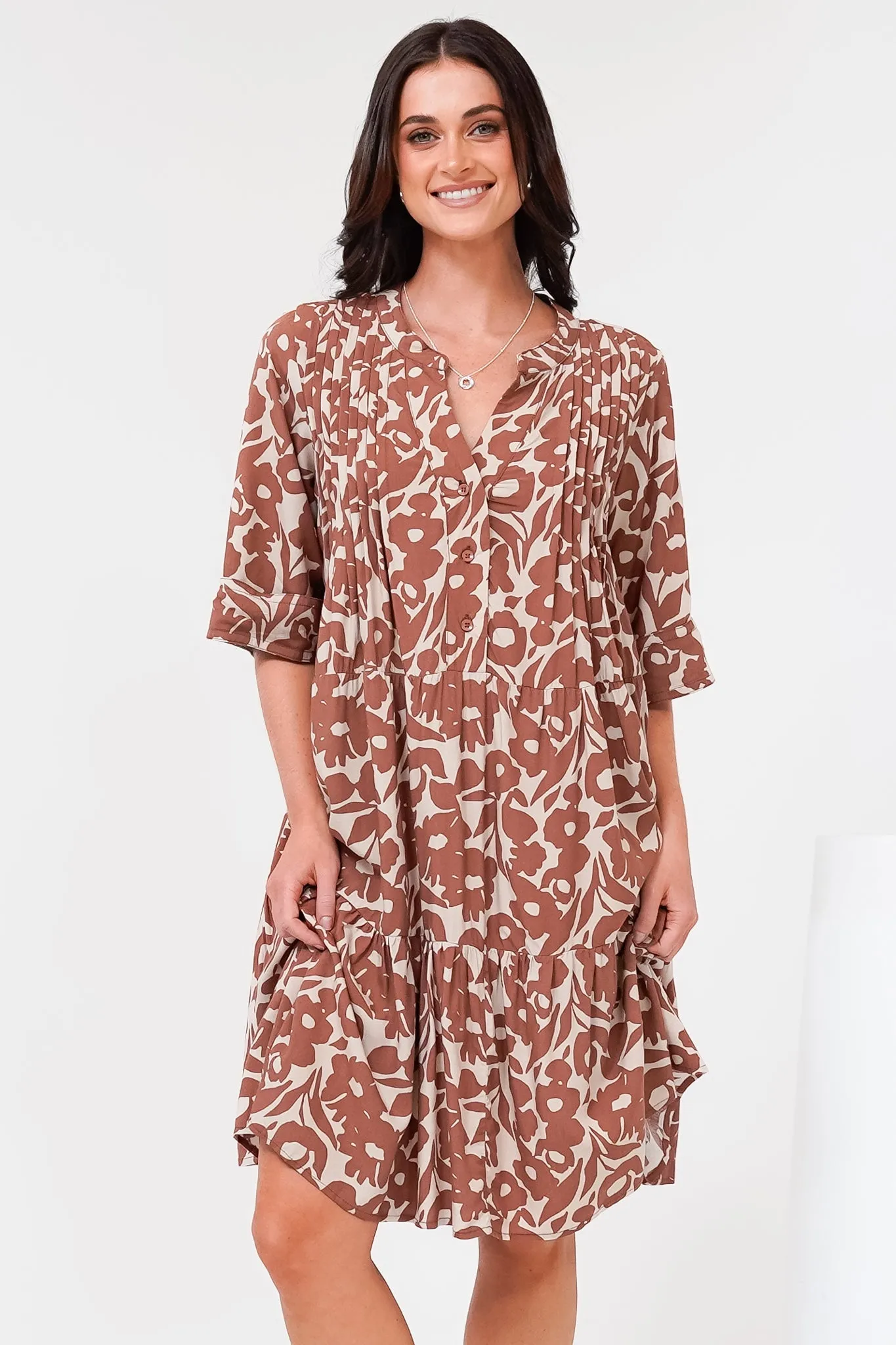 Evie Mini Dress - 3/4 Sleeve Tiered Smock Dress in Emma-Jade Print Brown sold by Salty Crush product image thumbnail 5