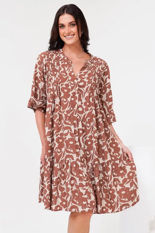 Evie Mini Dress - 3/4 Sleeve Tiered Smock Dress in Emma-Jade Print Brown sold by Salty Crush