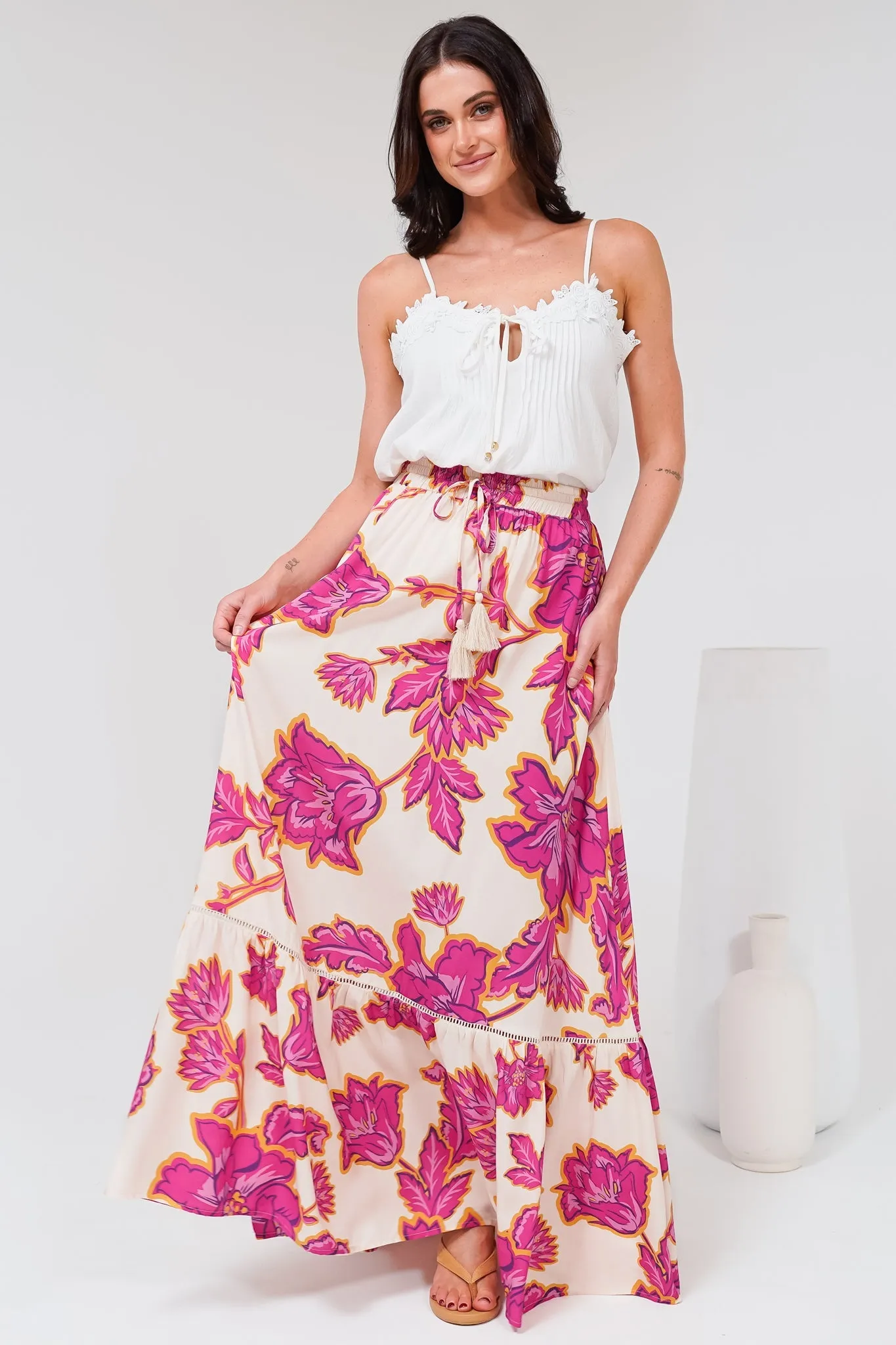 Amana Maxi Skirt - Tiered Skirt with Ladder Lace Insert Splicing in Kalia Print Cream sold by Salty Crush product image thumbnail 3