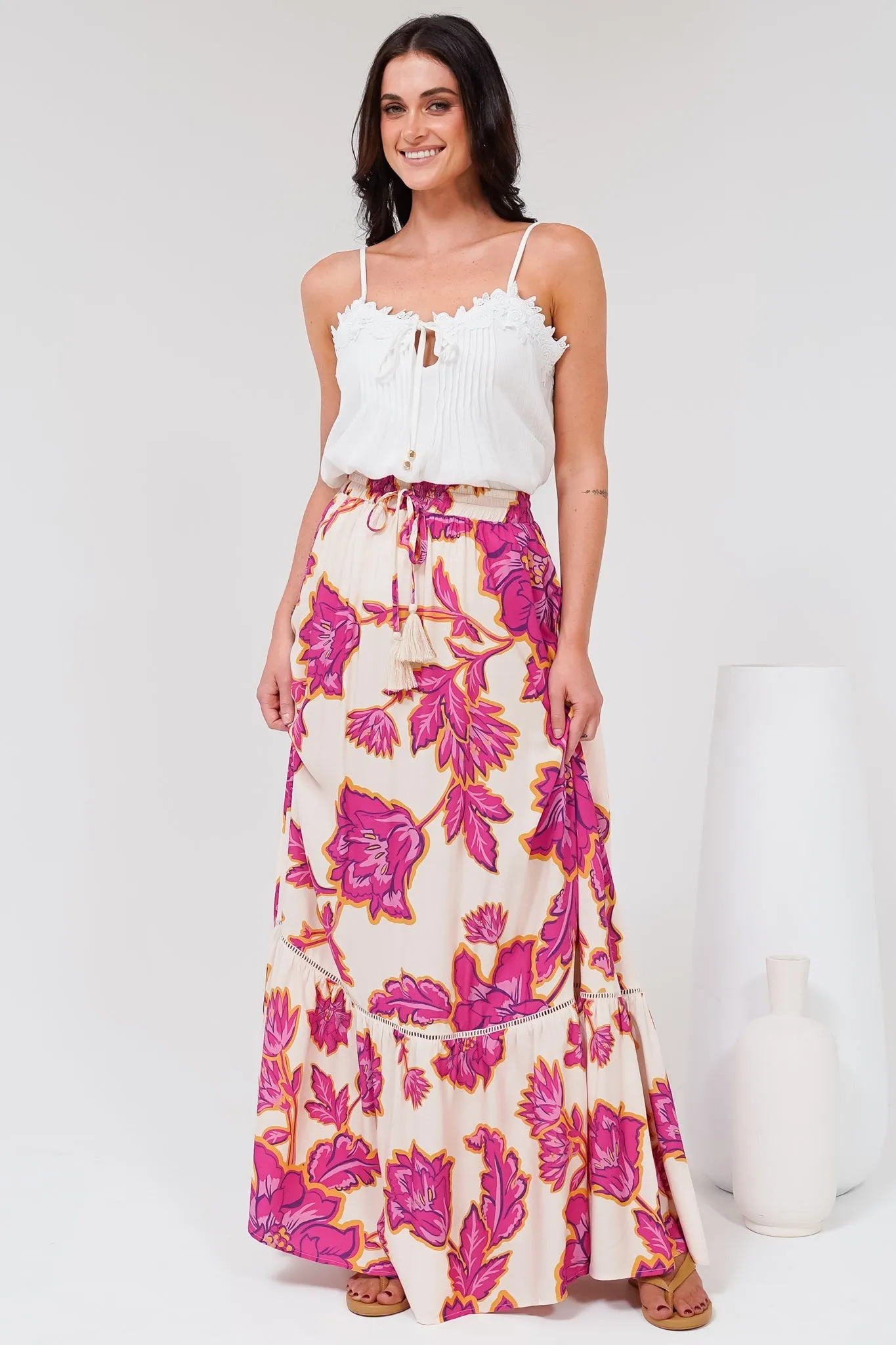 Amana Maxi Skirt - Tiered Skirt with Ladder Lace Insert Splicing in Kalia Print Cream sold by Salty Crush product image thumbnail 4