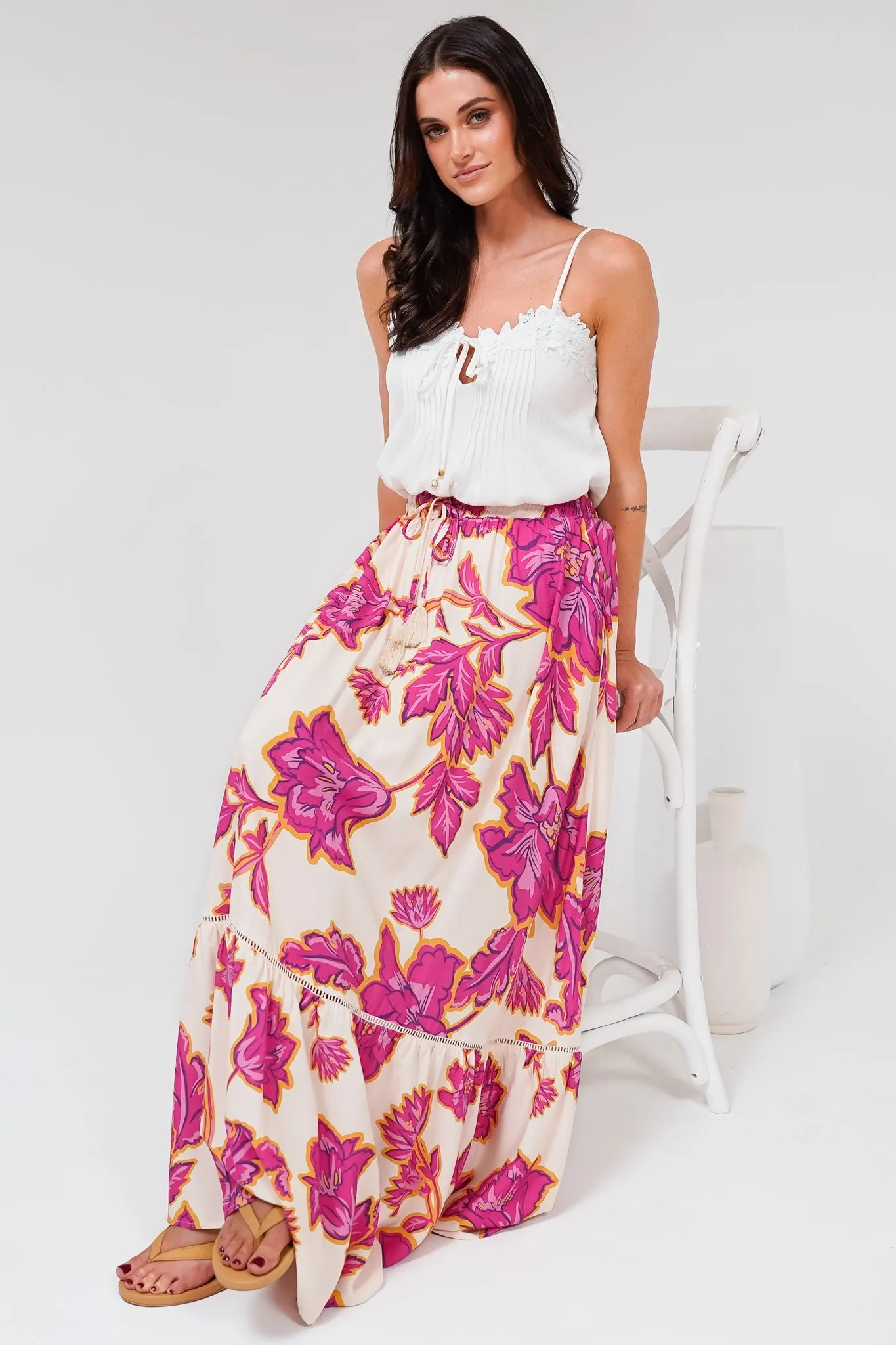 Amana Maxi Skirt - Tiered Skirt with Ladder Lace Insert Splicing in Kalia Print Cream sold by Salty Crush product image thumbnail 2