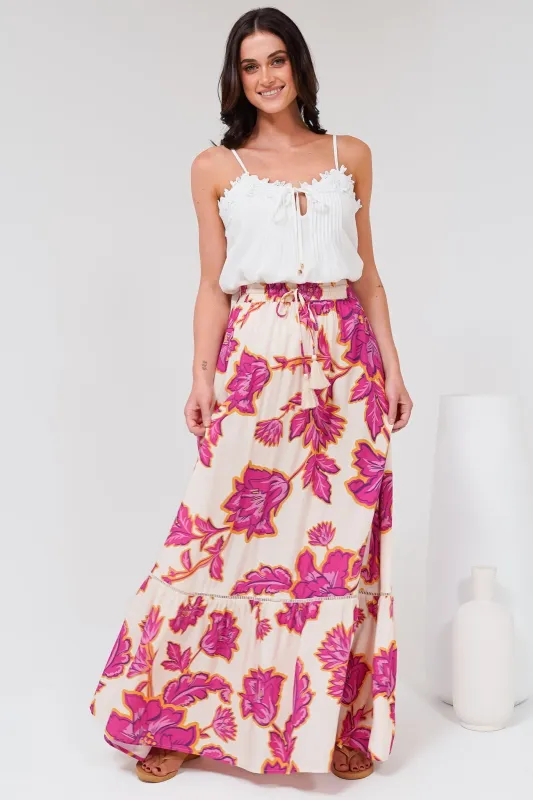 Amana Maxi Skirt - Tiered Skirt with Ladder Lace Insert Splicing in Kalia Print Cream sold by Salty Crush