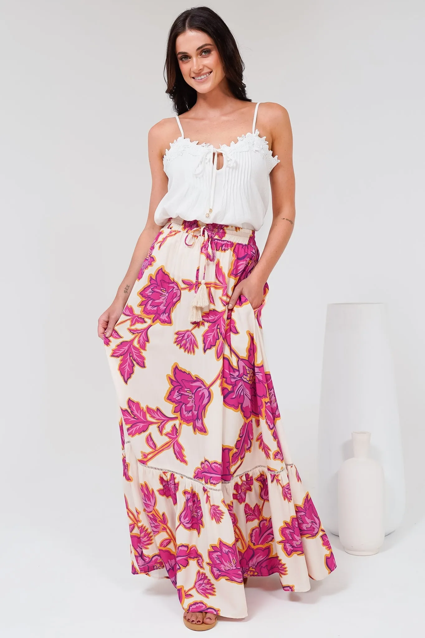 Amana Maxi Skirt - Tiered Skirt with Ladder Lace Insert Splicing in Kalia Print Cream sold by Salty Crush product image thumbnail 5