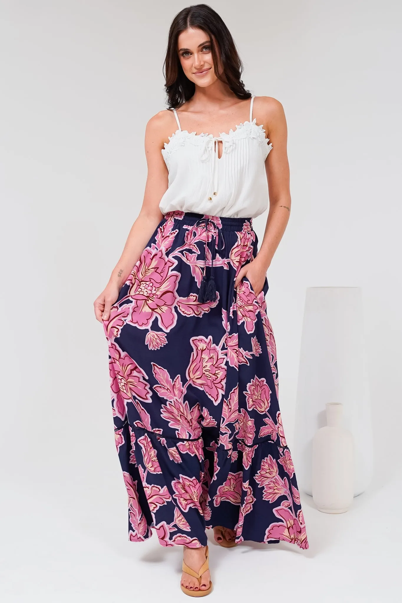 Amana Maxi Skirt - Tiered Skirt with Ladder Lace Insert Splicing in Kalia Print Navy sold by Salty Crush product image thumbnail 2