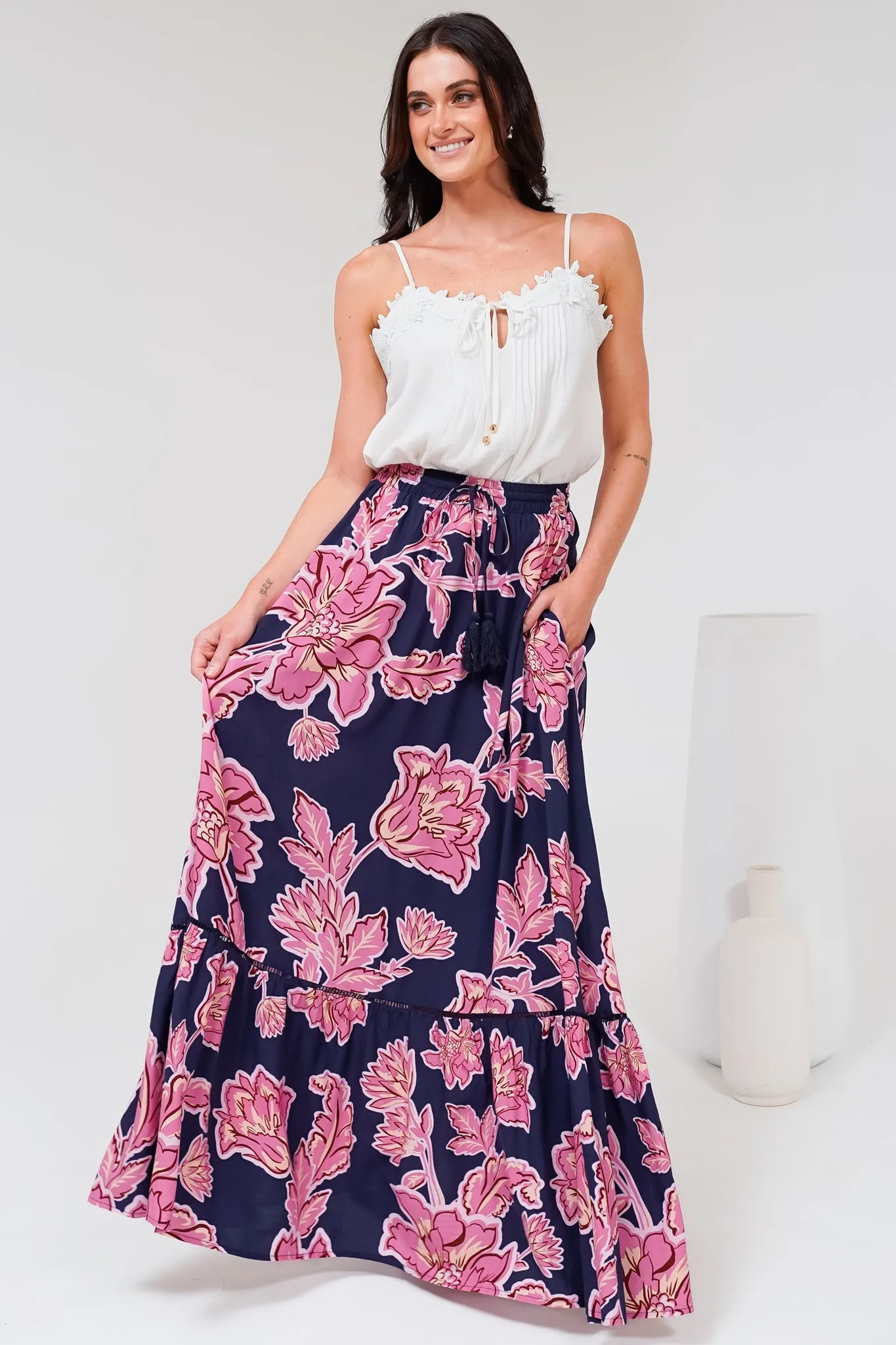 Amana Maxi Skirt - Tiered Skirt with Ladder Lace Insert Splicing in Kalia Print Navy sold by Salty Crush product image thumbnail 4