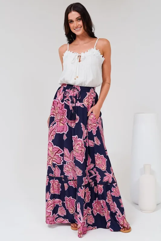 Amana Maxi Skirt - Tiered Skirt with Ladder Lace Insert Splicing in Kalia Print Navy sold by Salty Crush