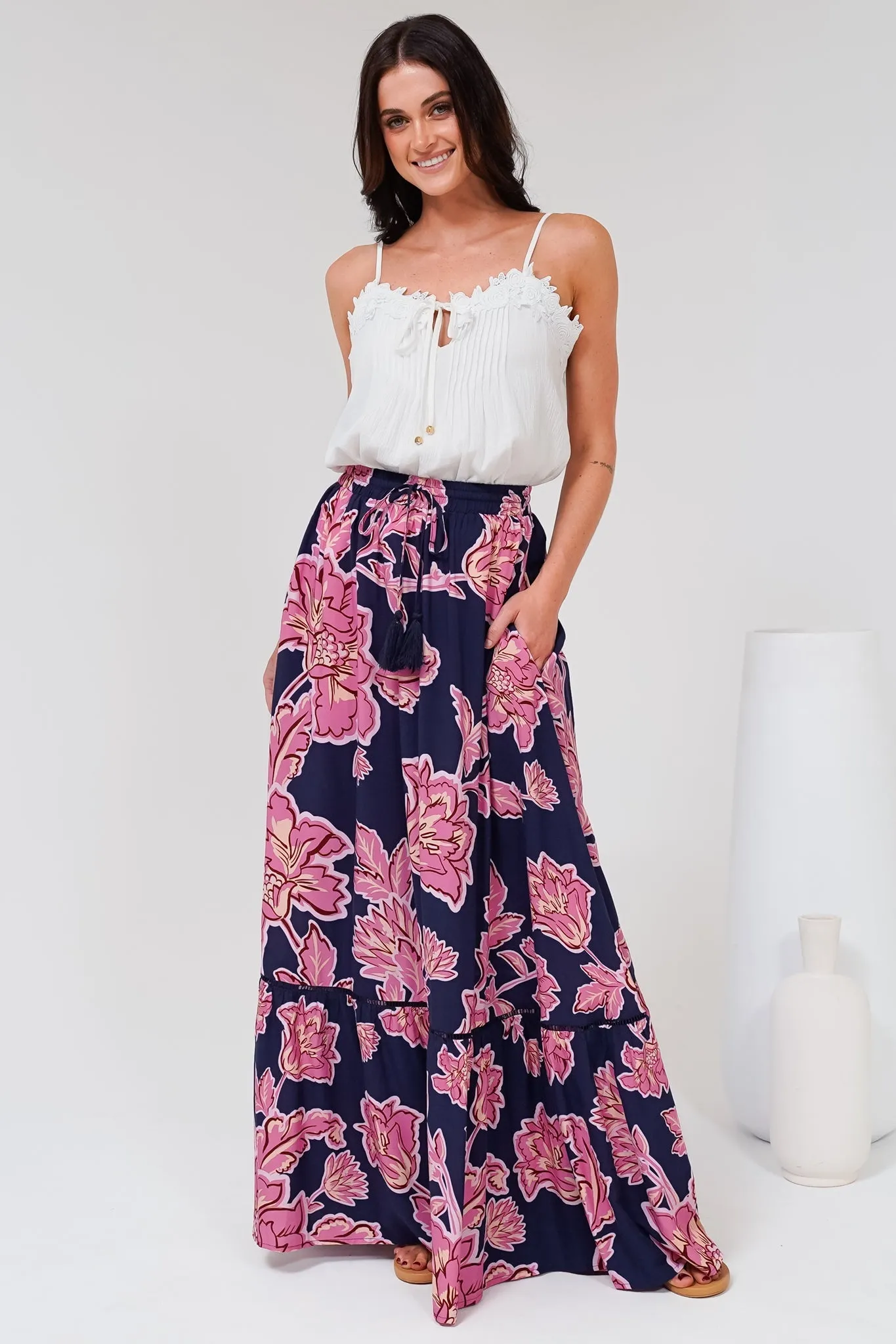 Amana Maxi Skirt - Tiered Skirt with Ladder Lace Insert Splicing in Kalia Print Navy sold by Salty Crush