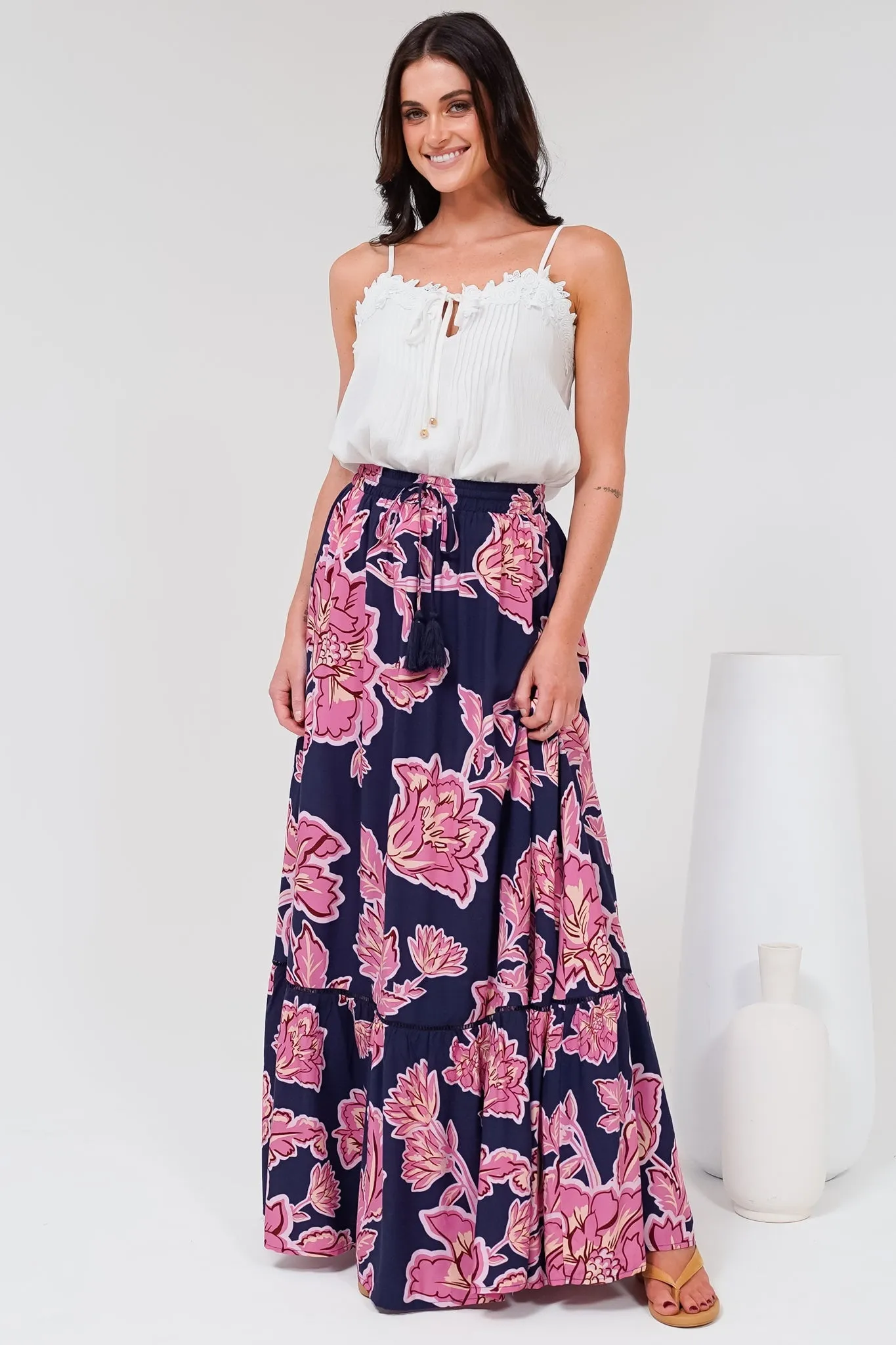 Amana Maxi Skirt - Tiered Skirt with Ladder Lace Insert Splicing in Kalia Print Navy sold by Salty Crush product image thumbnail 5
