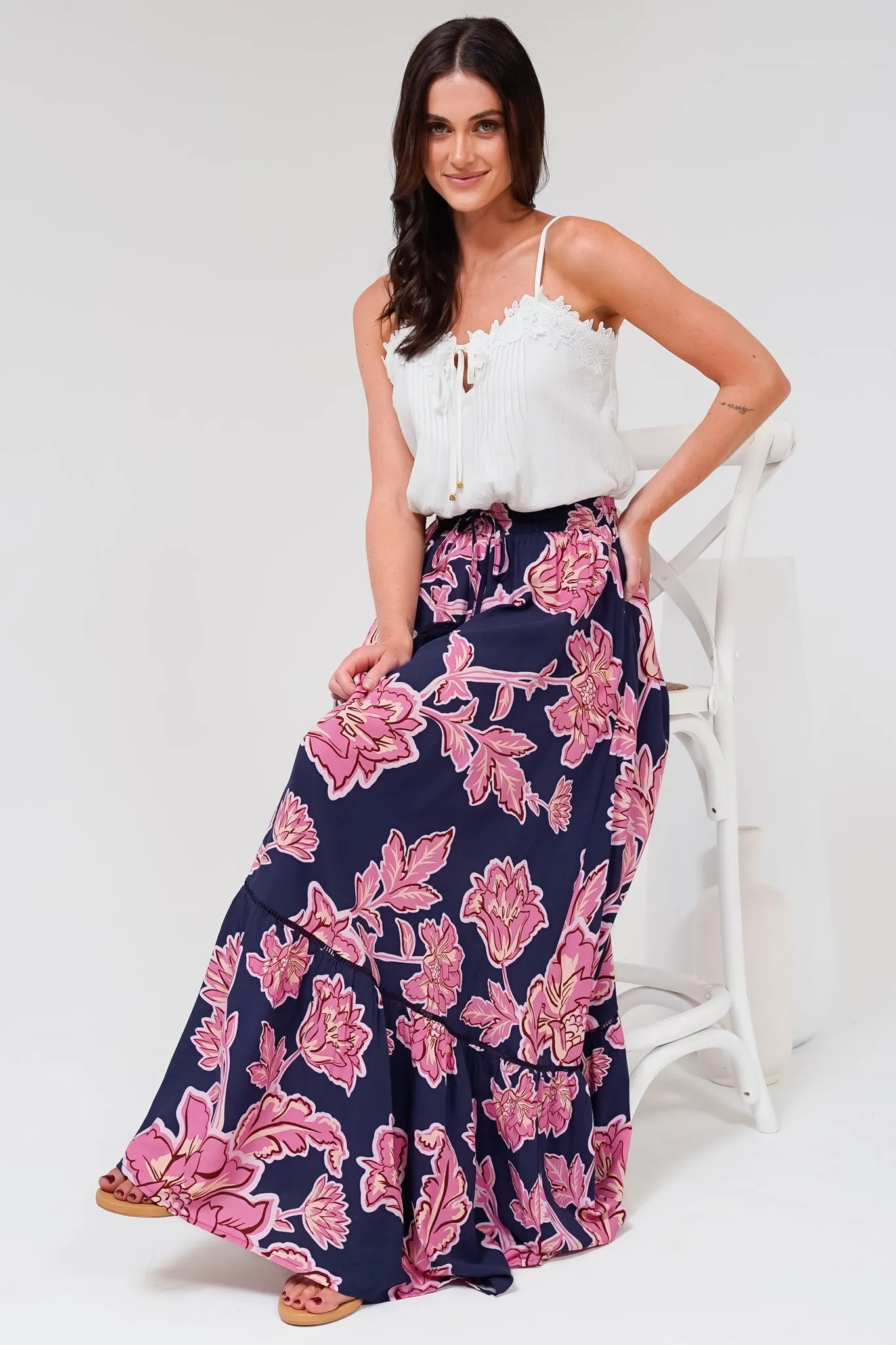 Amana Maxi Skirt - Tiered Skirt with Ladder Lace Insert Splicing in Kalia Print Navy sold by Salty Crush product image thumbnail 3