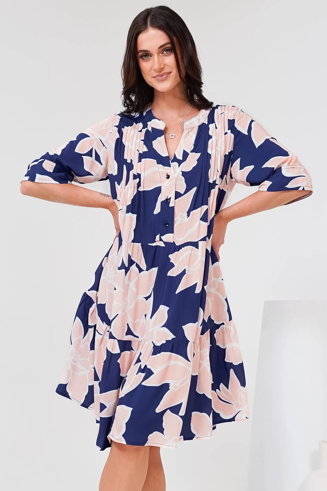 Evie Mini Dress - 3/4 Sleeve Tiered Smock Dress in Jetson Print Navy sold by Salty Crush product image thumbnail 5