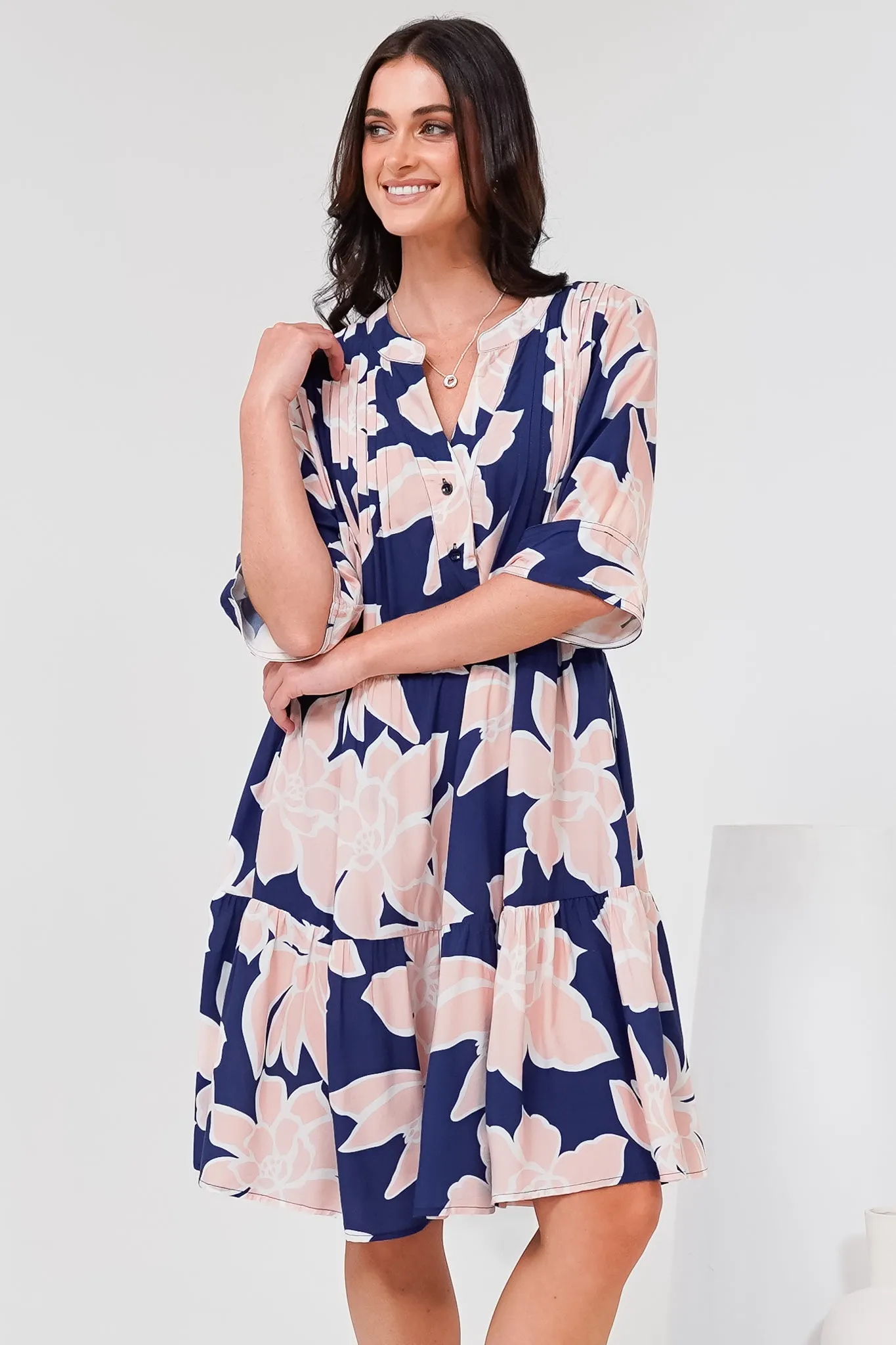 Evie Mini Dress - 3/4 Sleeve Tiered Smock Dress in Jetson Print Navy sold by Salty Crush product image thumbnail 4