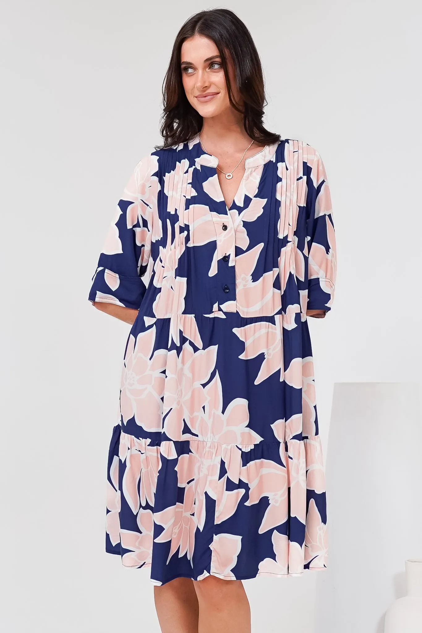 Evie Mini Dress - 3/4 Sleeve Tiered Smock Dress in Jetson Print Navy sold by Salty Crush product image thumbnail 2