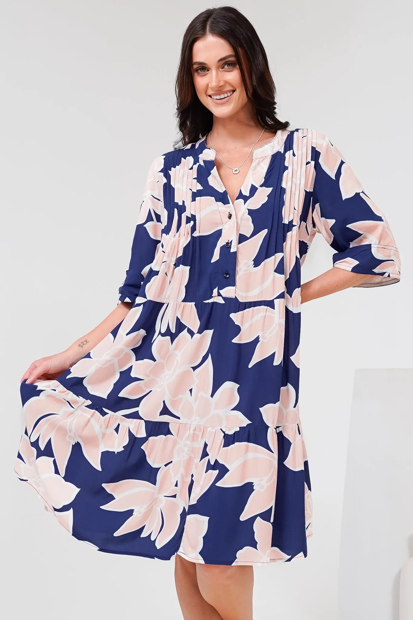 Evie Mini Dress - 3/4 Sleeve Tiered Smock Dress in Jetson Print Navy sold by Salty Crush product image thumbnail 3