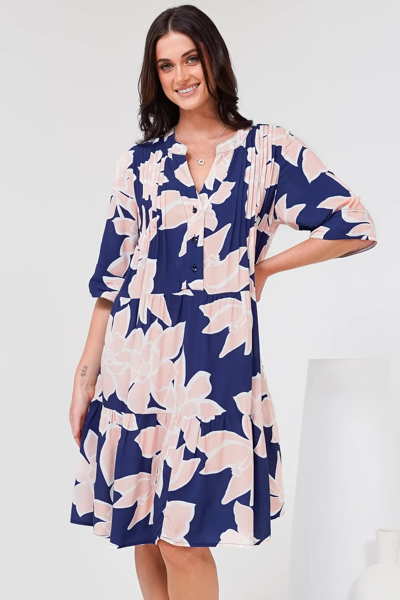 Evie Mini Dress - 3/4 Sleeve Tiered Smock Dress in Jetson Print Navy sold by Salty Crush