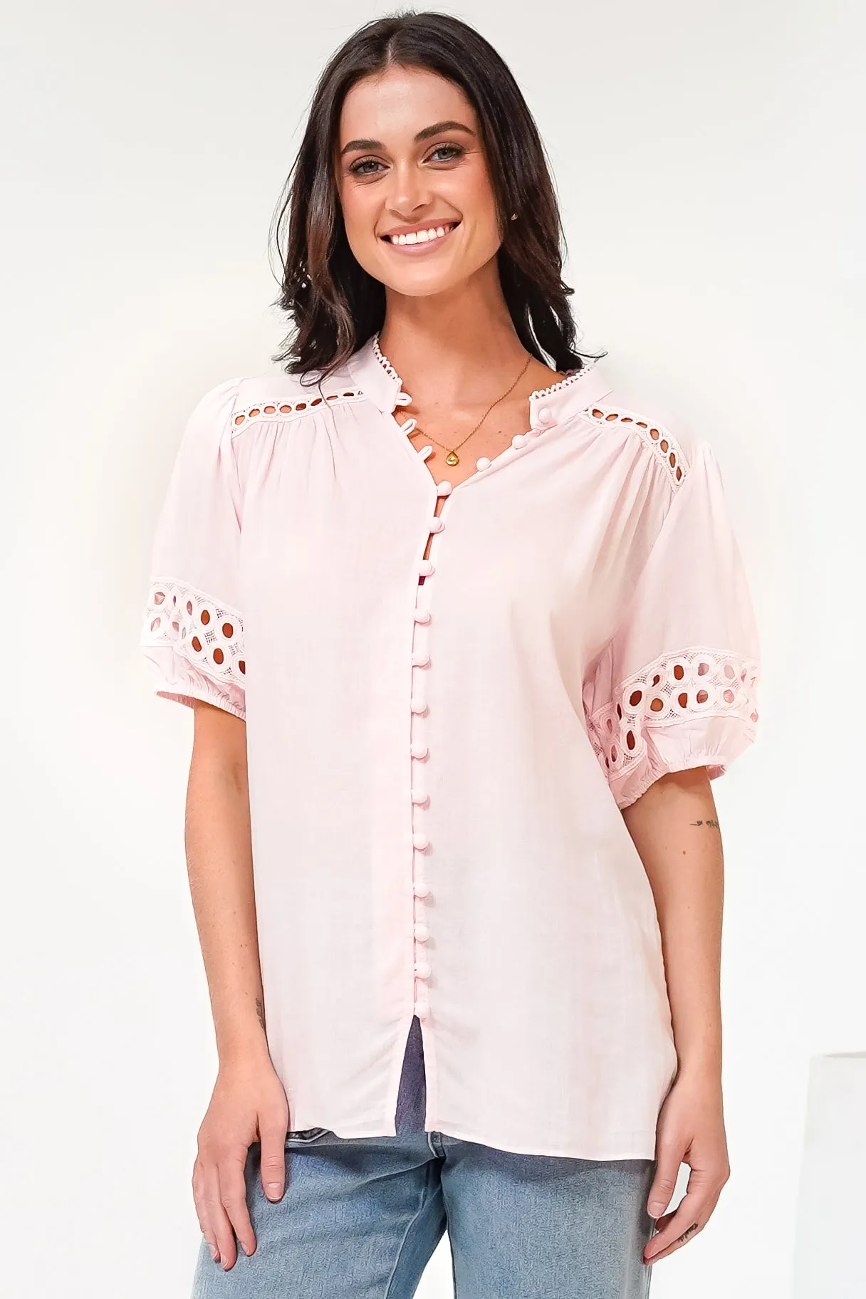 Alenna Shirt - Mandarin Collar Cut Out Detailed Short Sleeve Button Down in Pink sold by Salty Crush product image thumbnail 5