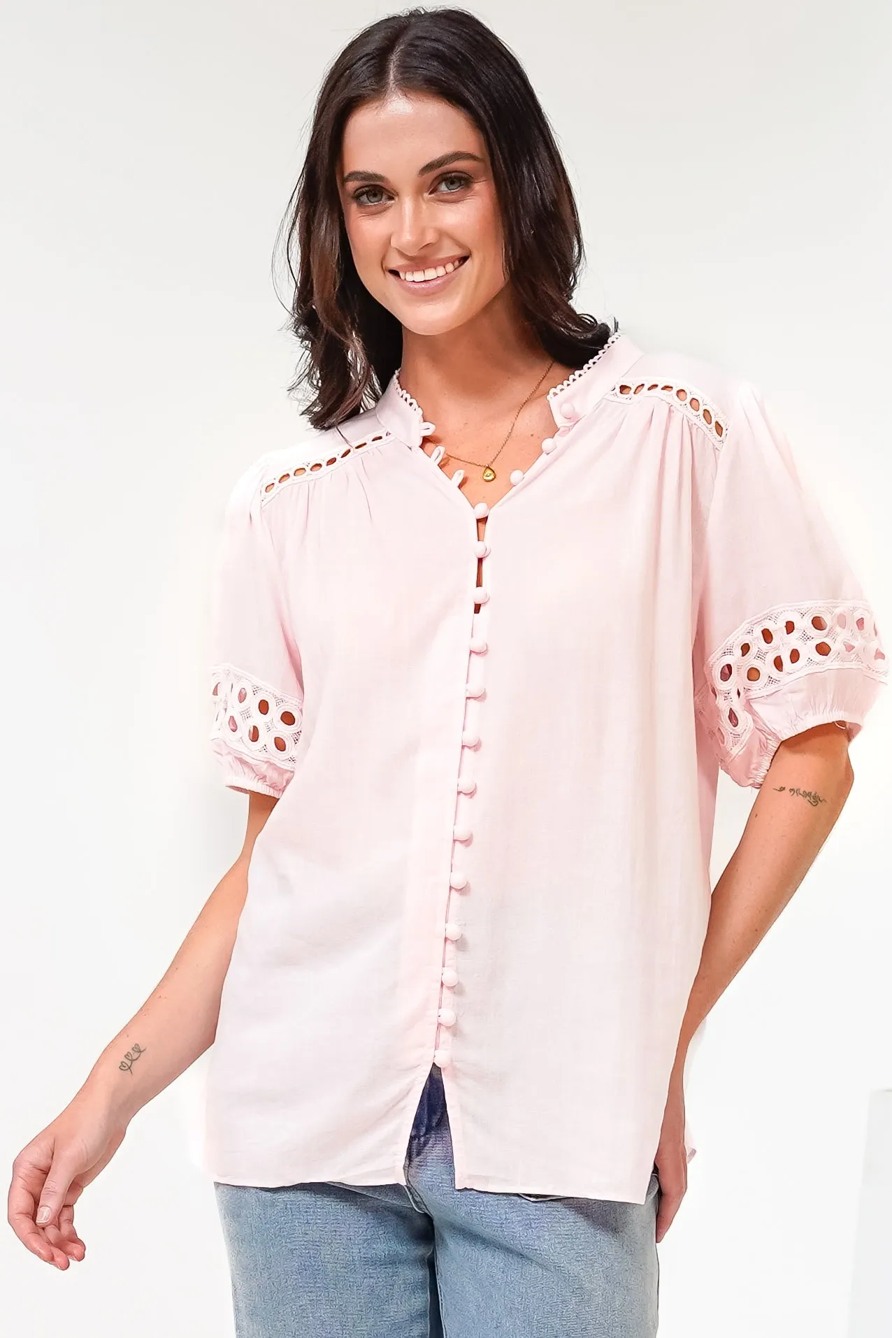 Alenna Shirt - Mandarin Collar Cut Out Detailed Short Sleeve Button Down in Pink sold by Salty Crush
