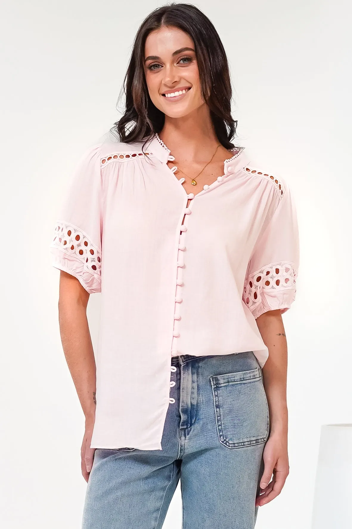 Alenna Shirt - Mandarin Collar Cut Out Detailed Short Sleeve Button Down in Pink sold by Salty Crush product image thumbnail 2