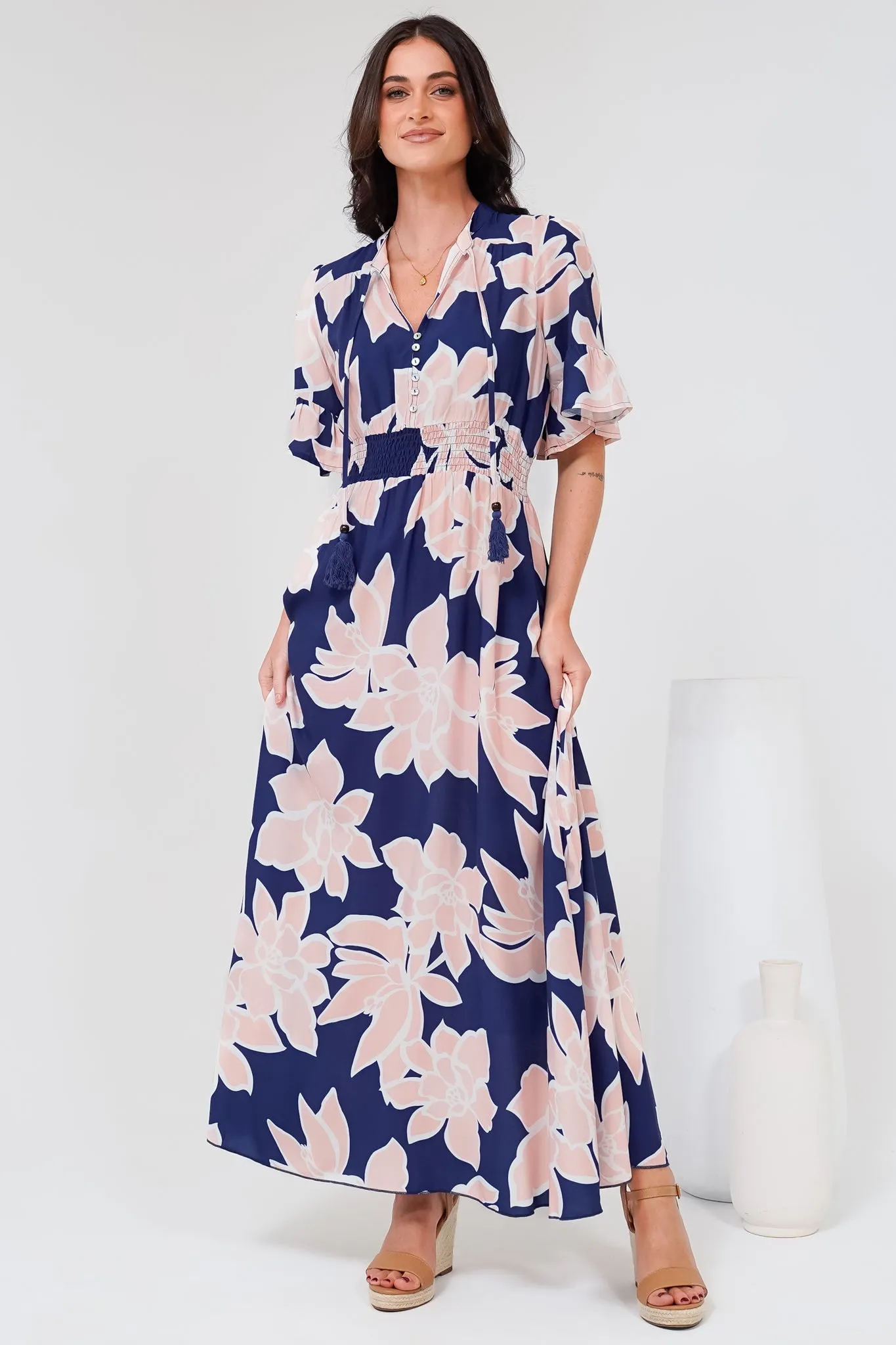 Jemina Maxi Dress - V-Neck Elasticated Waist A-Line Dress in Jetson Print Navy sold by Salty Crush product image thumbnail 5