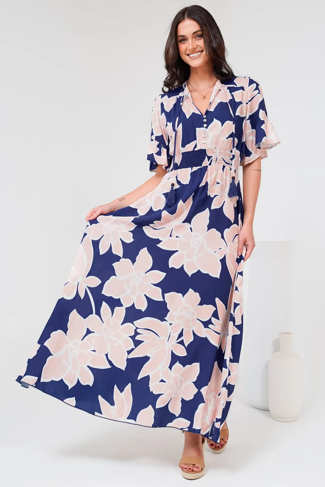 Jemina Maxi Dress - V-Neck Elasticated Waist A-Line Dress in Jetson Print Navy sold by Salty Crush product image thumbnail 3