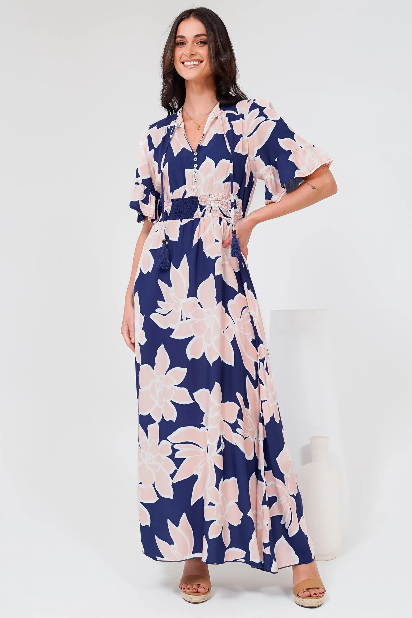 Jemina Maxi Dress - V-Neck Elasticated Waist A-Line Dress in Jetson Print Navy sold by Salty Crush product image thumbnail 4