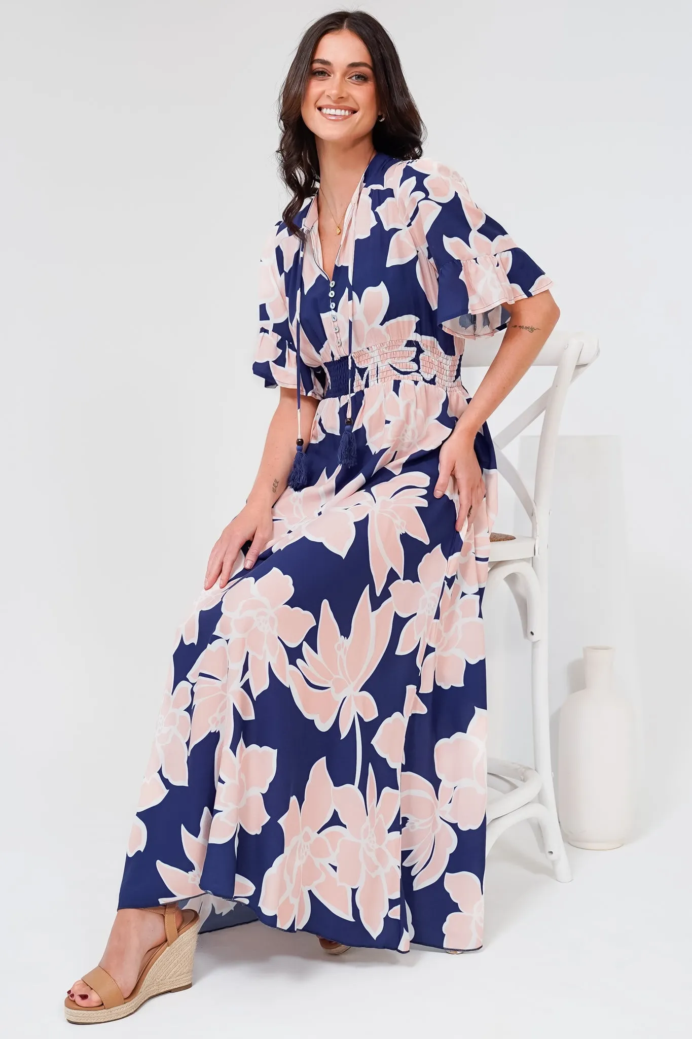 Jemina Maxi Dress - V-Neck Elasticated Waist A-Line Dress in Jetson Print Navy sold by Salty Crush product image thumbnail 2