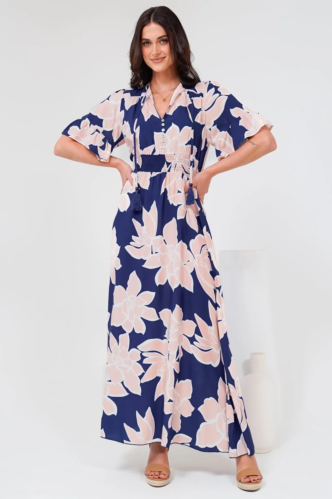 Jemina Maxi Dress - V-Neck Elasticated Waist A-Line Dress in Jetson Print Navy sold by Salty Crush
