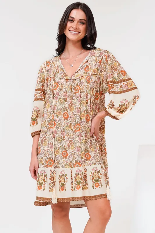 Helda Mini Dress - V-Neck Shift Dress with Balloon Sleeves in Aletta Print Brown sold by Salty Crush