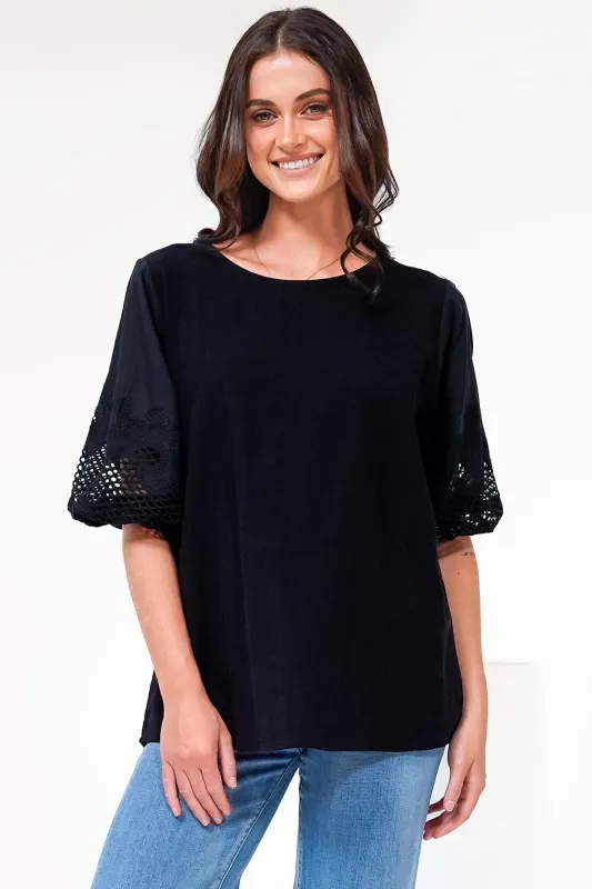 Polly Top - Round Neck Relaxed Top with Cut Out Detailed Balloon Sleeves in Black sold by Salty Crush
