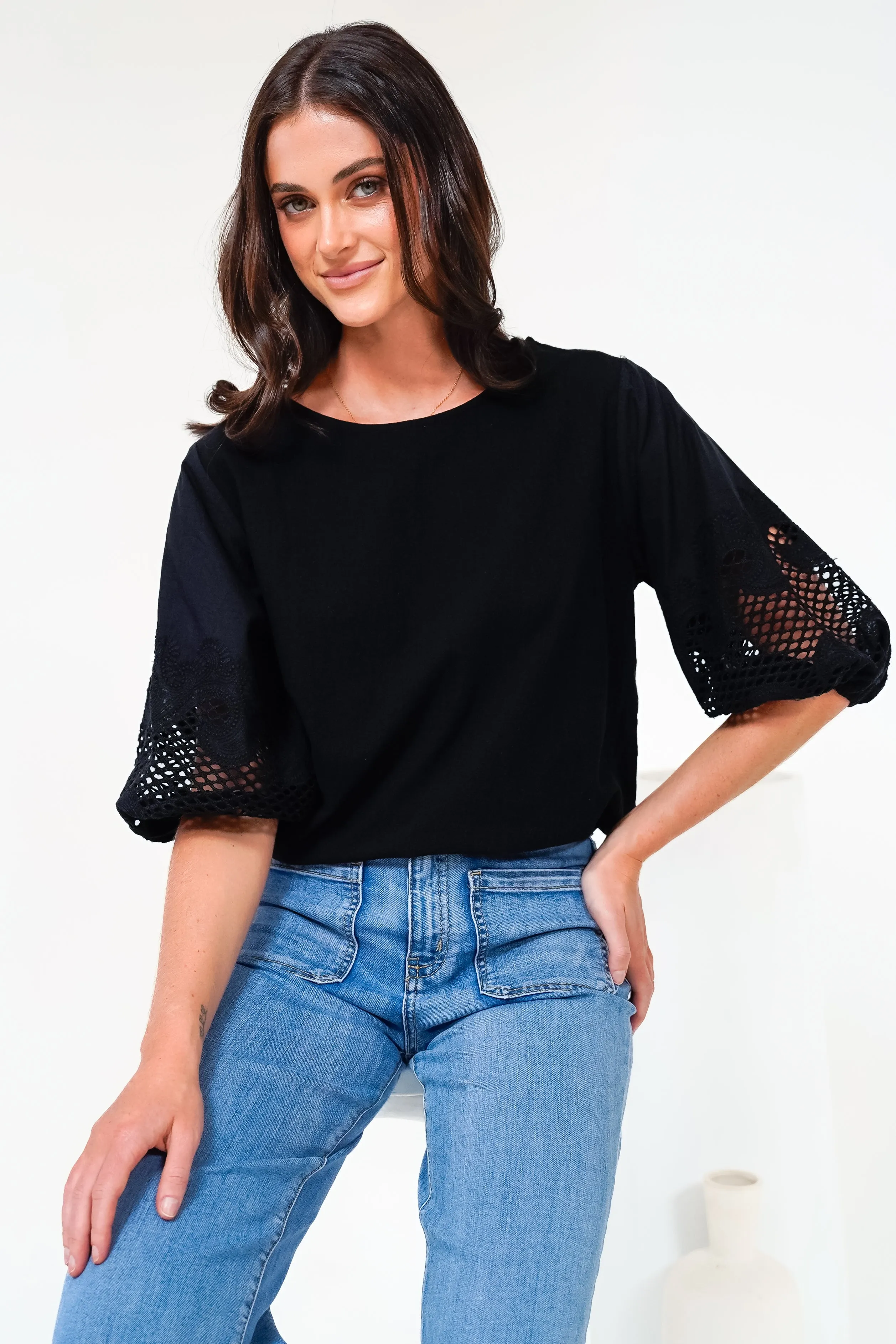 Polly Top - Round Neck Relaxed Top with Cut Out Detailed Balloon Sleeves in Black sold by Salty Crush product image thumbnail 4