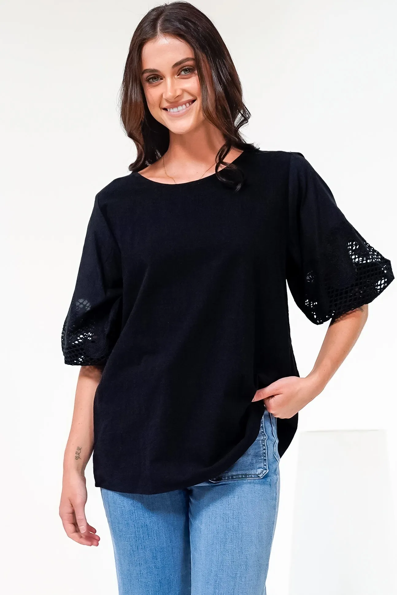 Polly Top - Round Neck Relaxed Top with Cut Out Detailed Balloon Sleeves in Black sold by Salty Crush product image thumbnail 5