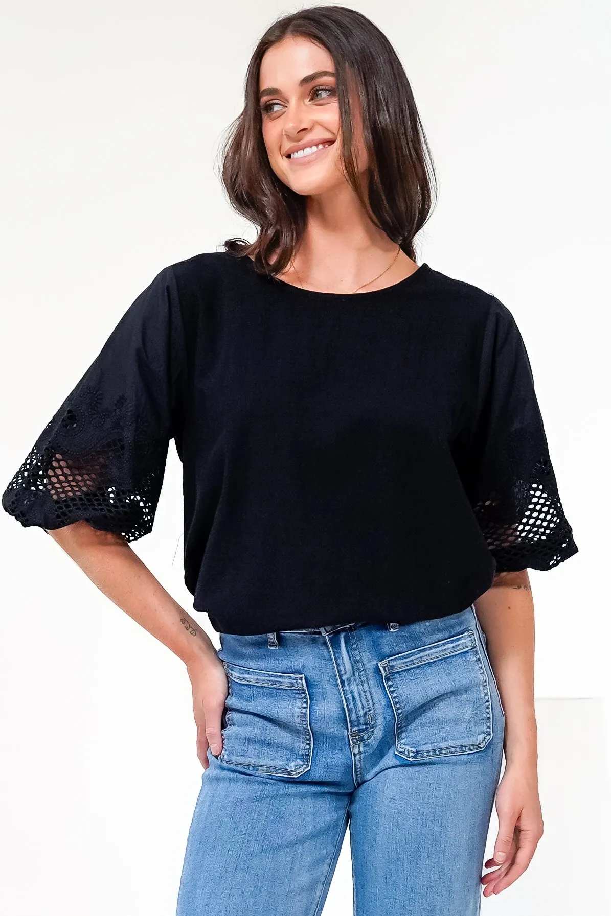 Polly Top - Round Neck Relaxed Top with Cut Out Detailed Balloon Sleeves in Black sold by Salty Crush product image thumbnail 2