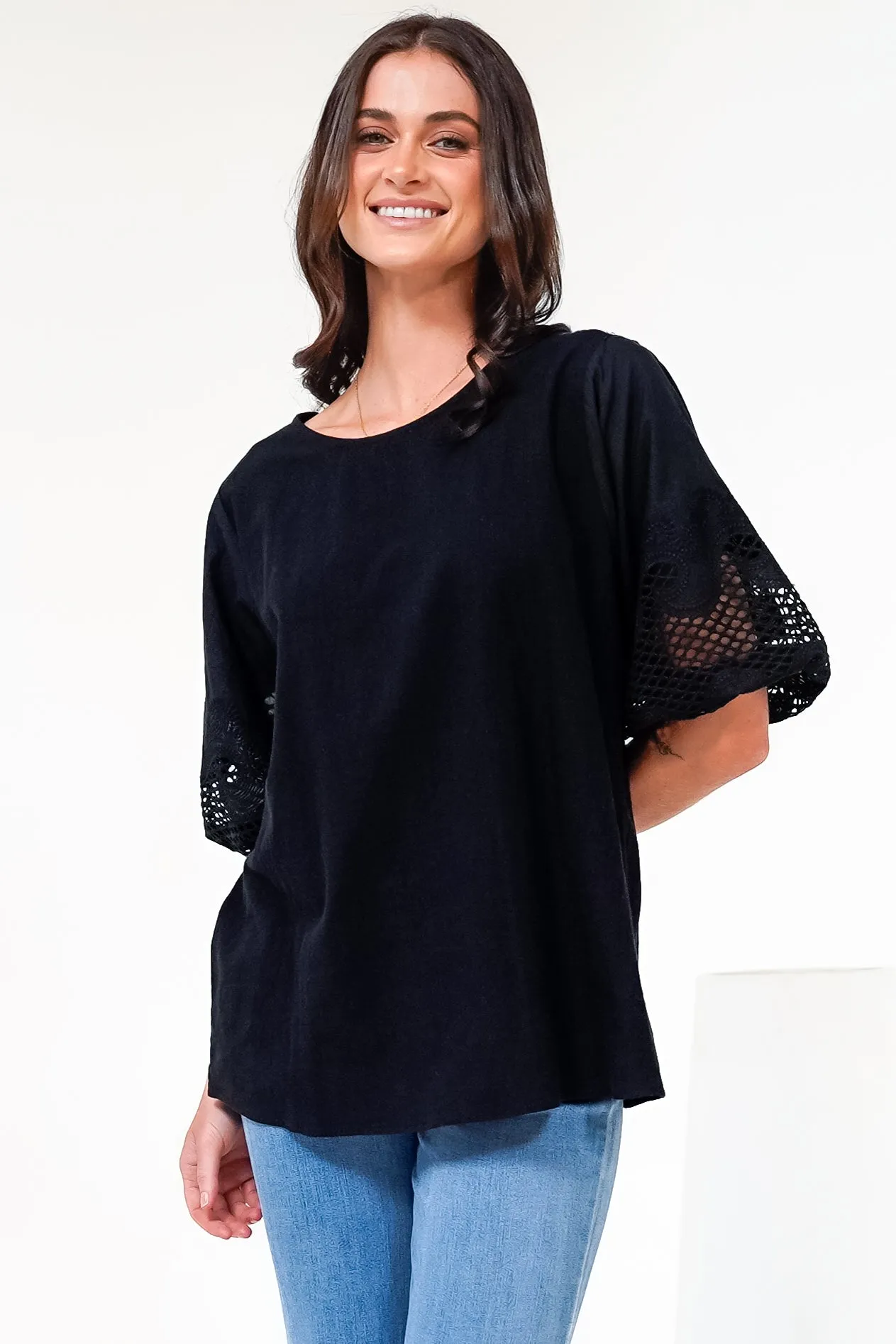 Polly Top - Round Neck Relaxed Top with Cut Out Detailed Balloon Sleeves in Black sold by Salty Crush product image thumbnail 3