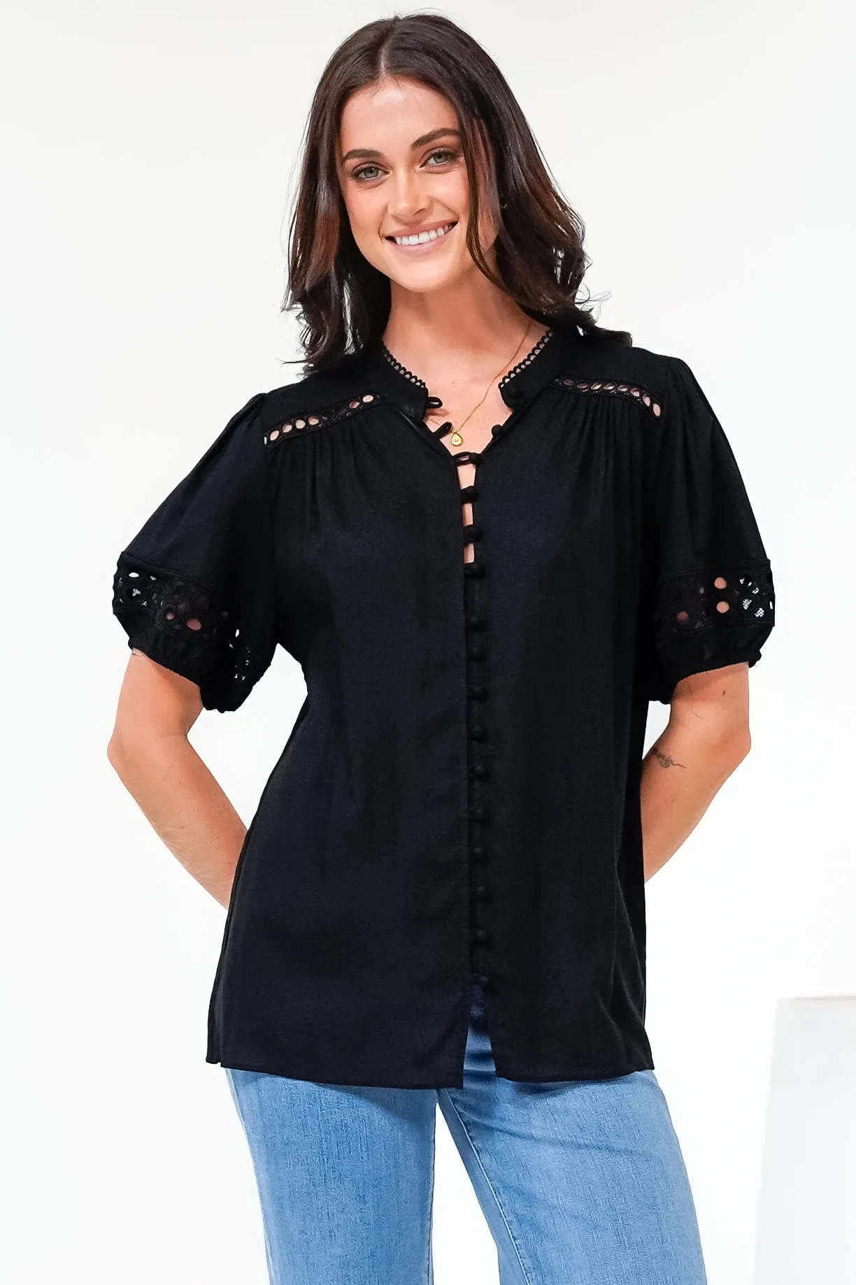 Alenna Shirt - Mandarin Collar Cut Out Detailed Short Sleeve Button Down in Black sold by Salty Crush