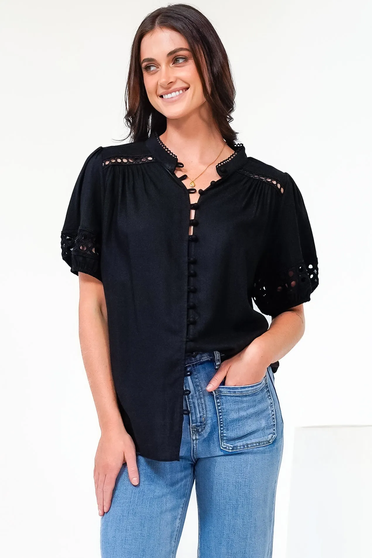 Alenna Shirt - Mandarin Collar Cut Out Detailed Short Sleeve Button Down in Black sold by Salty Crush product image thumbnail 5