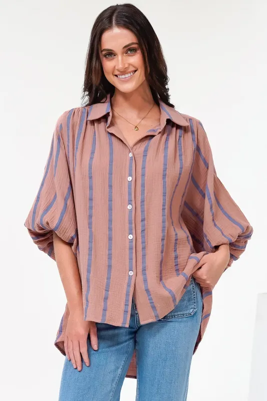 Samsara Shirt - Collared Oversized Button Down with Balloon Sleeves in Blush Stripe sold by Salty Crush