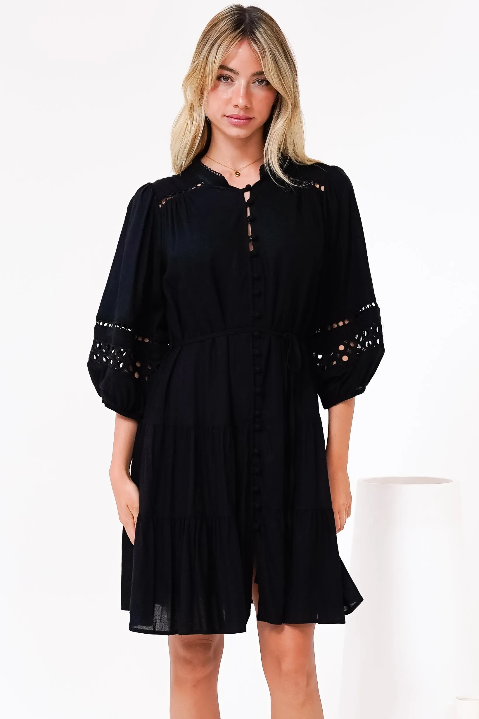 Alyce Mini Dress - Button Down Dress with Cut Out Detailed Sleeves and Matching Belt in Black sold by Salty Crush product image thumbnail 4