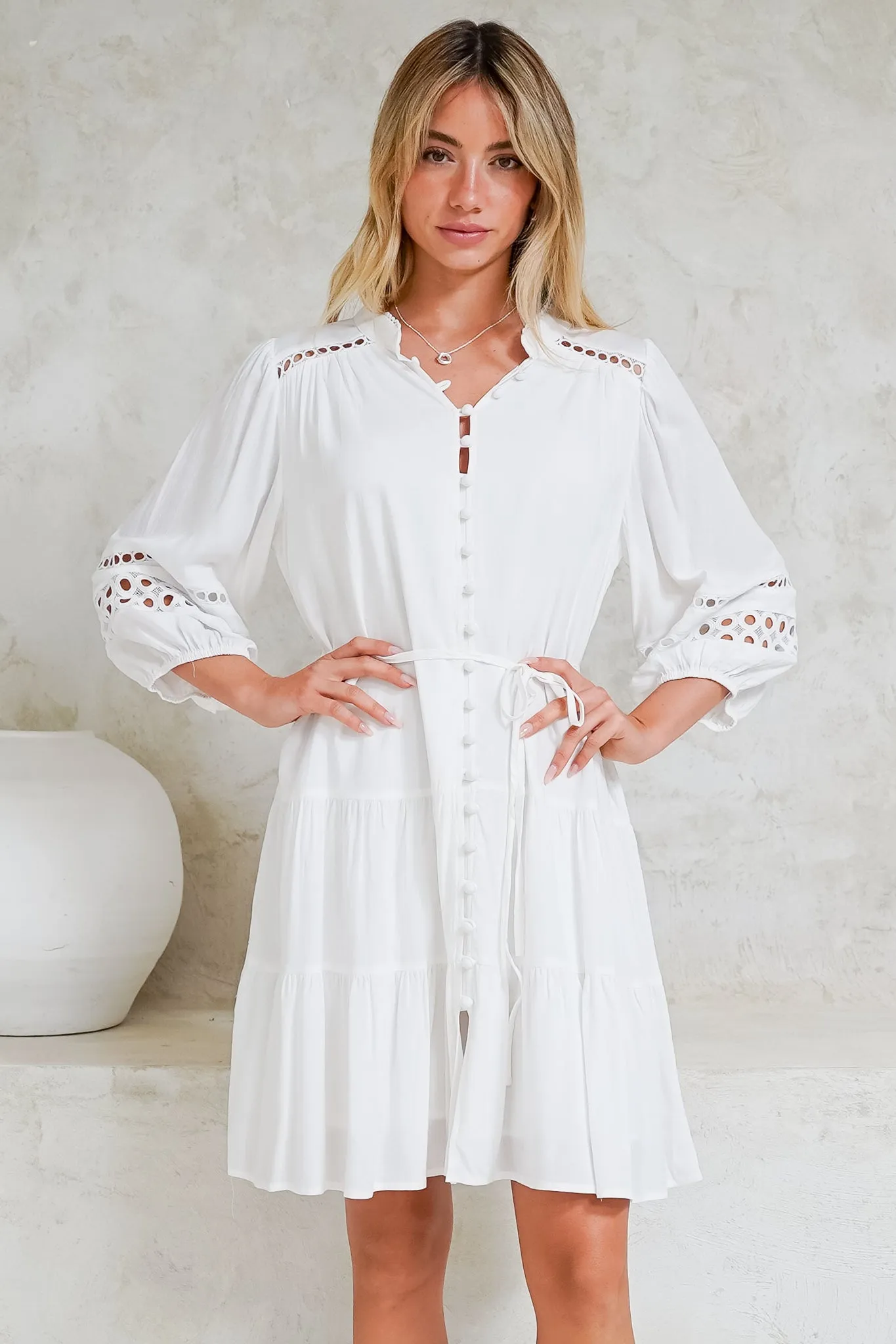 Alyce Mini Dress - Button Down Dress with Cut Out Detailed Sleeves and Matching Belt in White sold by Salty Crush product image thumbnail 4