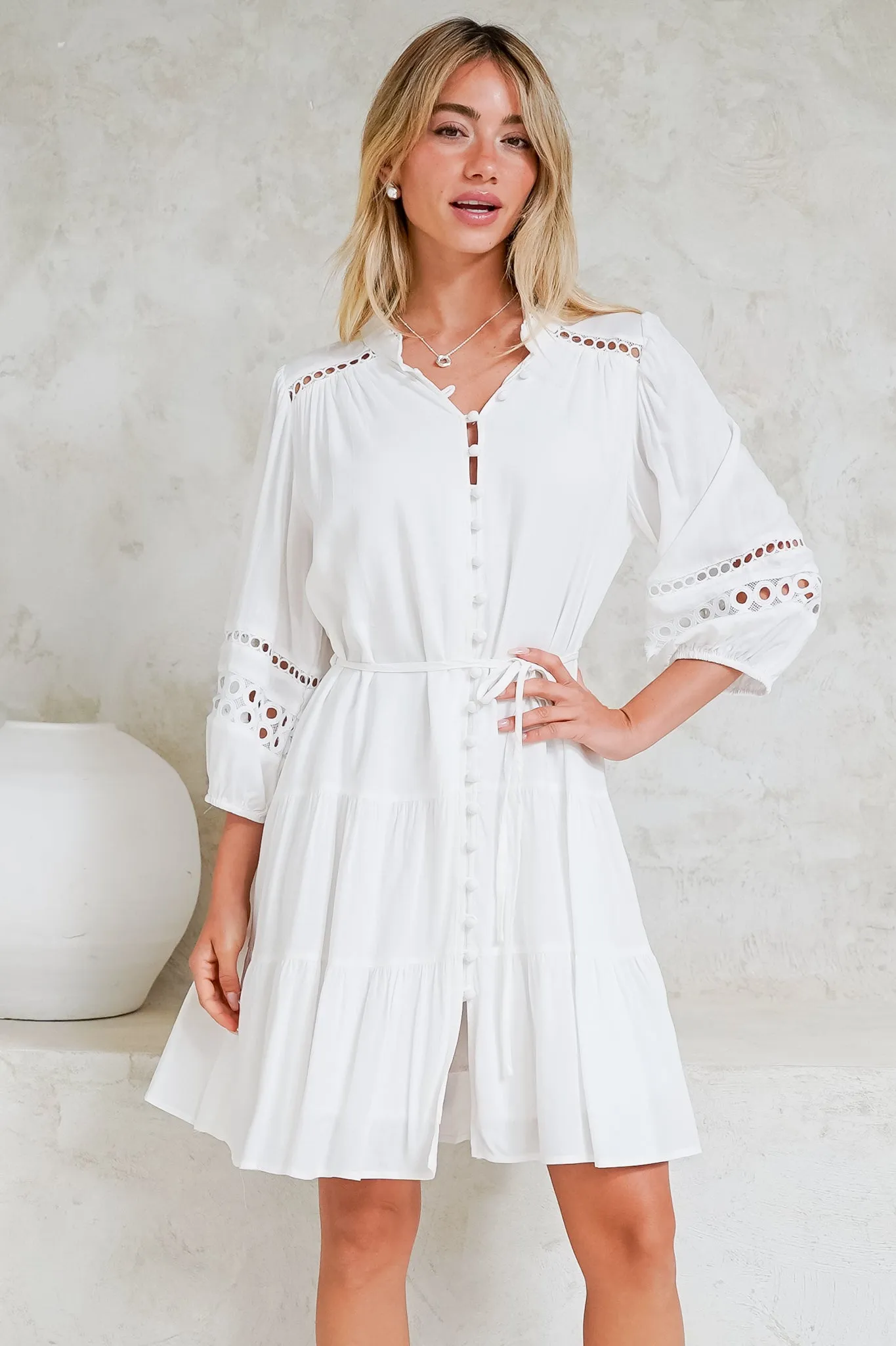 Alyce Mini Dress - Button Down Dress with Cut Out Detailed Sleeves and Matching Belt in White sold by Salty Crush