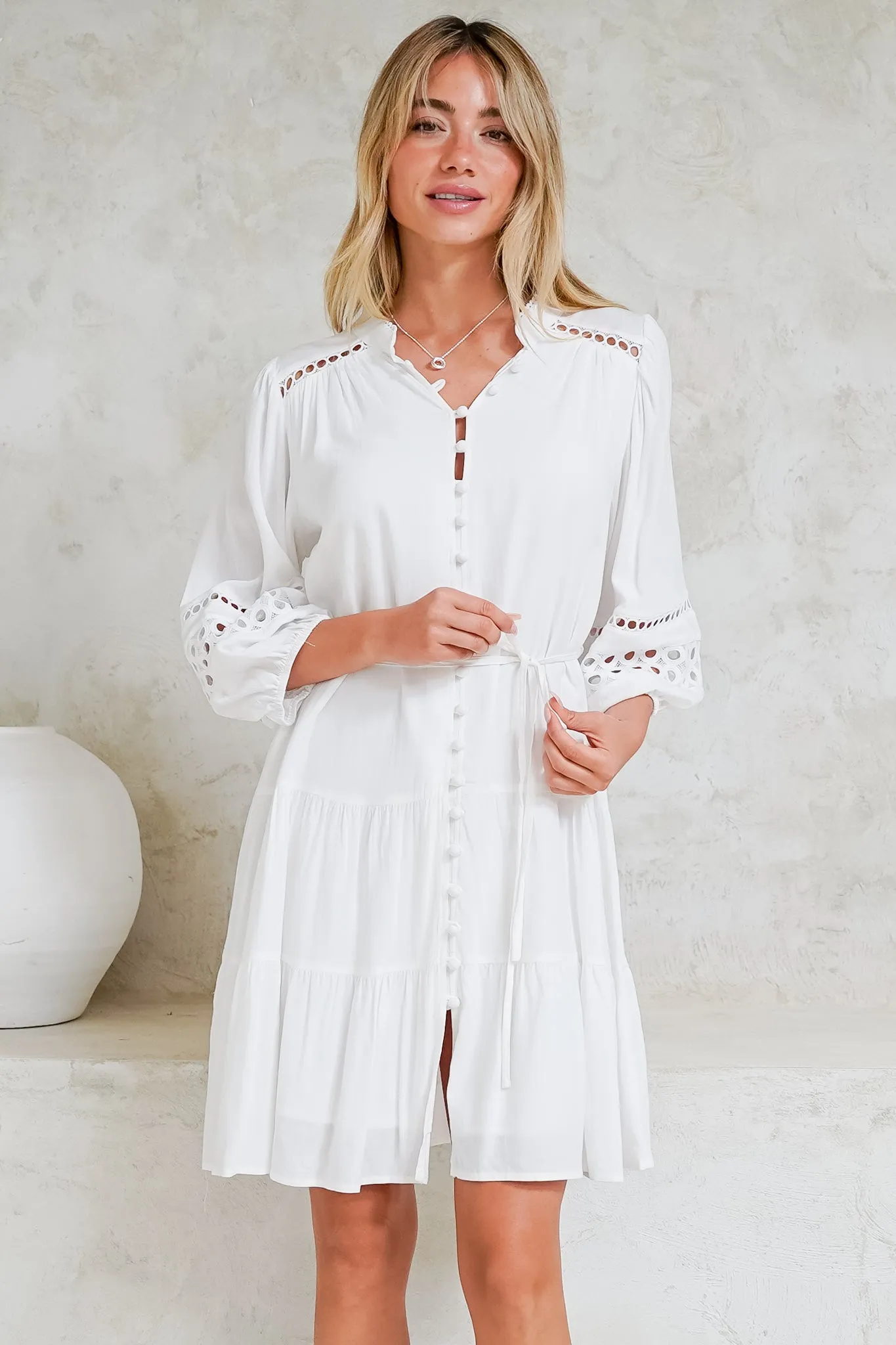 Alyce Mini Dress - Button Down Dress with Cut Out Detailed Sleeves and Matching Belt in White sold by Salty Crush product image thumbnail 3