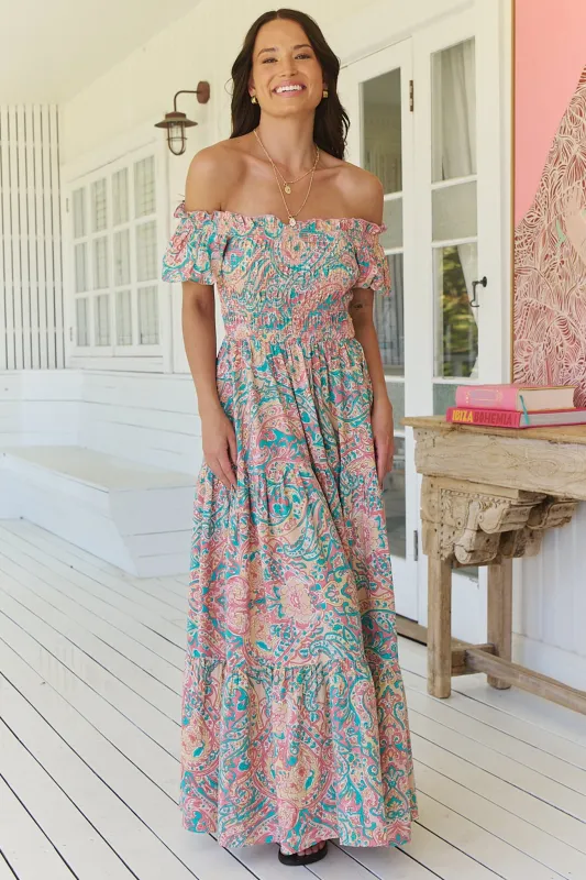 JAASE - Claudette Maxi Dress: On or Off Shoulder Elasticated Bodice Short Balloon Sleeve Dress in Ocean Lullaby Print made by Jaase