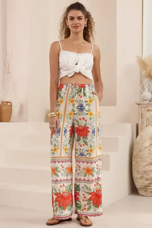 Adelaide Pants - Drawstring High Waisted Wide Leg Pant in Alma Print sold by Salty Crush